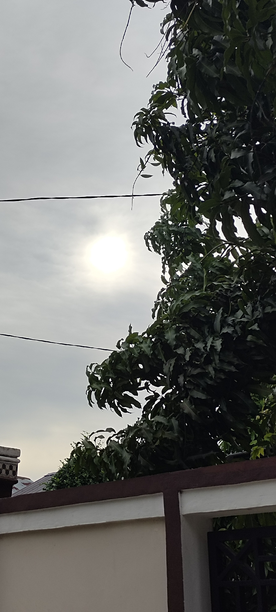 A bright sun is visible through a slightly overcast sky, partially obscured by the dark green leaves of a tree that dominates the right side of the frame. A thin black wire runs horizontally across the sky, intersecting the sun's rays. Below the tree and wire, a light-colored wall with a darker brown trim extends across the bottom of the image, suggesting a residential or boundary fence. A portion of a roof with patterned tiles is visible above the wall and behind the foliage on the left. The scene appears to be an outdoor setting in Lhokseumawe, Indonesia, likely during daylight hours given the sun's presence.