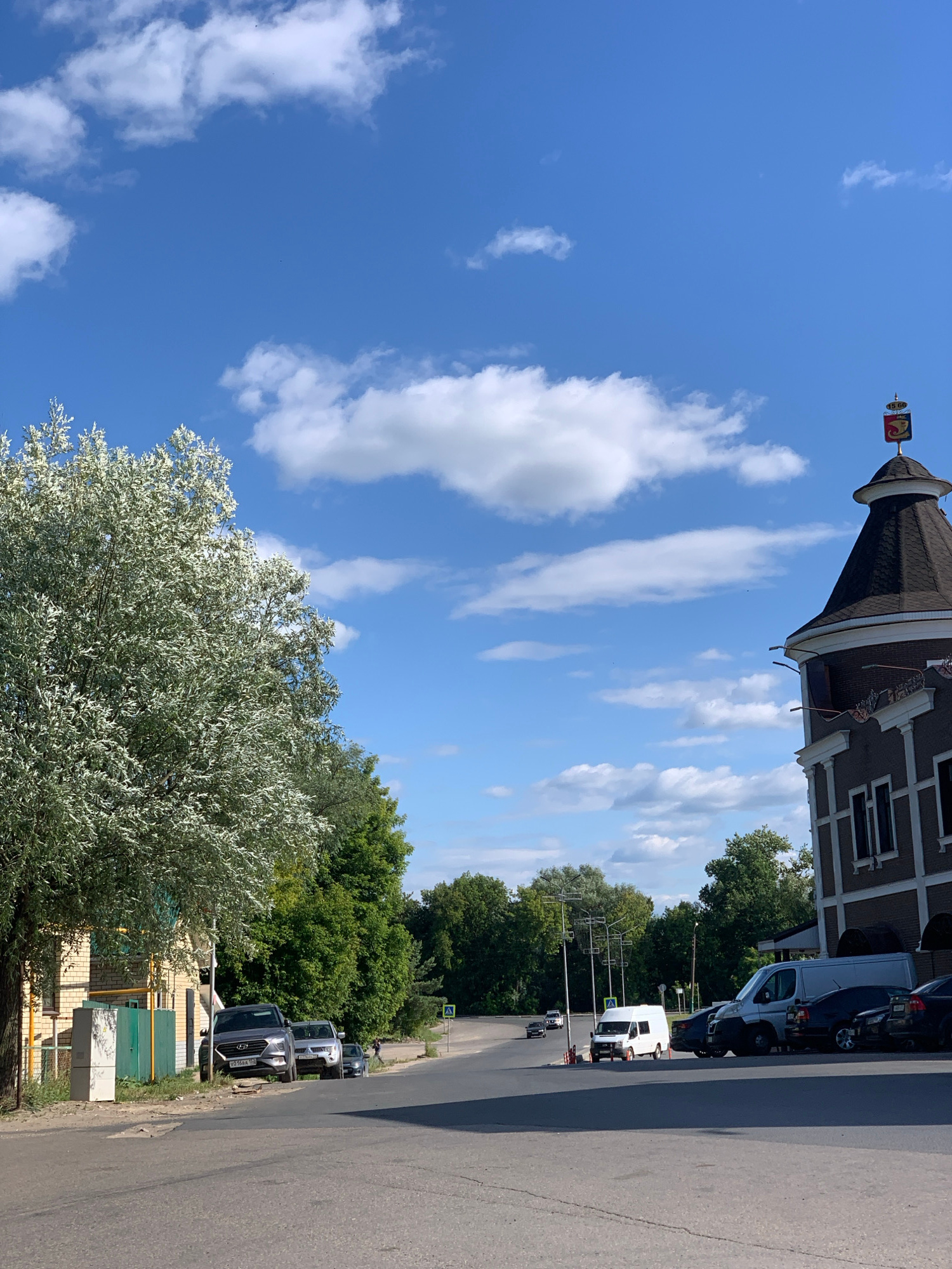 The image shows a street scene in Pavlovo, Russia, on a clear, sunny day. The sky is bright blue with scattered white clouds. In the foreground, a large tree with silvery-green leaves dominates the left side of the frame. Beyond the tree, a building with a dark, conical roof topped with a small, decorative flag is visible. Adjacent to this building, there are several cars parked along the side of an asphalt road, which runs diagonally across the right side of the image.
The parked vehicles include a white van, a dark-colored SUV, and other cars. The road appears to be a relatively quiet street. Green trees line the opposite side of the road, creating a sense of a suburban or semi-rural environment. The building with the conical roof has windows and a facade that suggests it might be a historical or distinctive structure. The overall impression is one of a calm, ordinary day in a Russian town. There is no apparent activity or event taking place, other than the presence of parked vehicles and the natural setting.