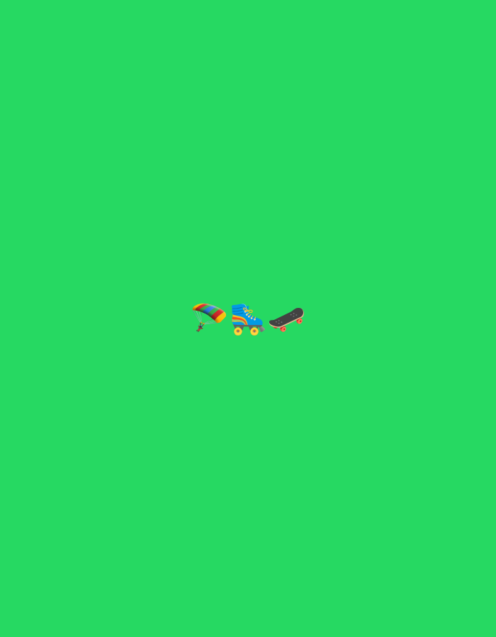 In an image with a solid green background, three cartoonish icons are centrally located towards the bottom. From left to right, the first icon is a red, yellow, and blue striped parachute with a small figure descending. Next to it is a pair of blue roller skates with yellow wheels. The rightmost icon is a black skateboard with red wheels. The image is devoid of any urban or natural elements, making it impossible to associate with any specific location, including Kuta Selatan, Indonesia.