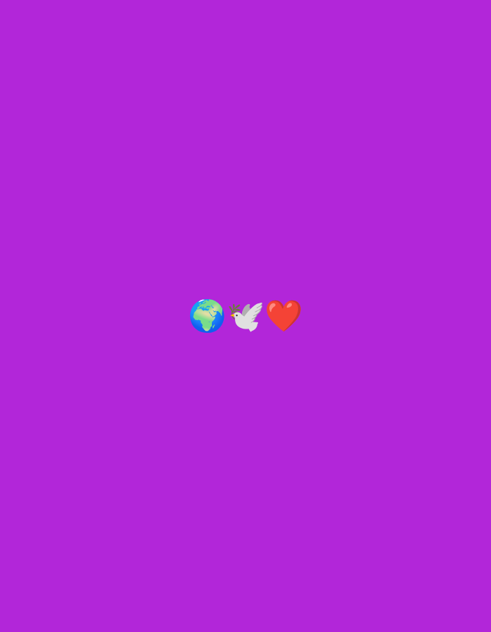 The image is a minimalist digital graphic with a solid vibrant purple background. In the center, there are three emojis arranged horizontally: a depiction of the Earth, a white dove, and a red heart. There is no discernible connection to the city of Ufa, Russia, or any specific real-world location.