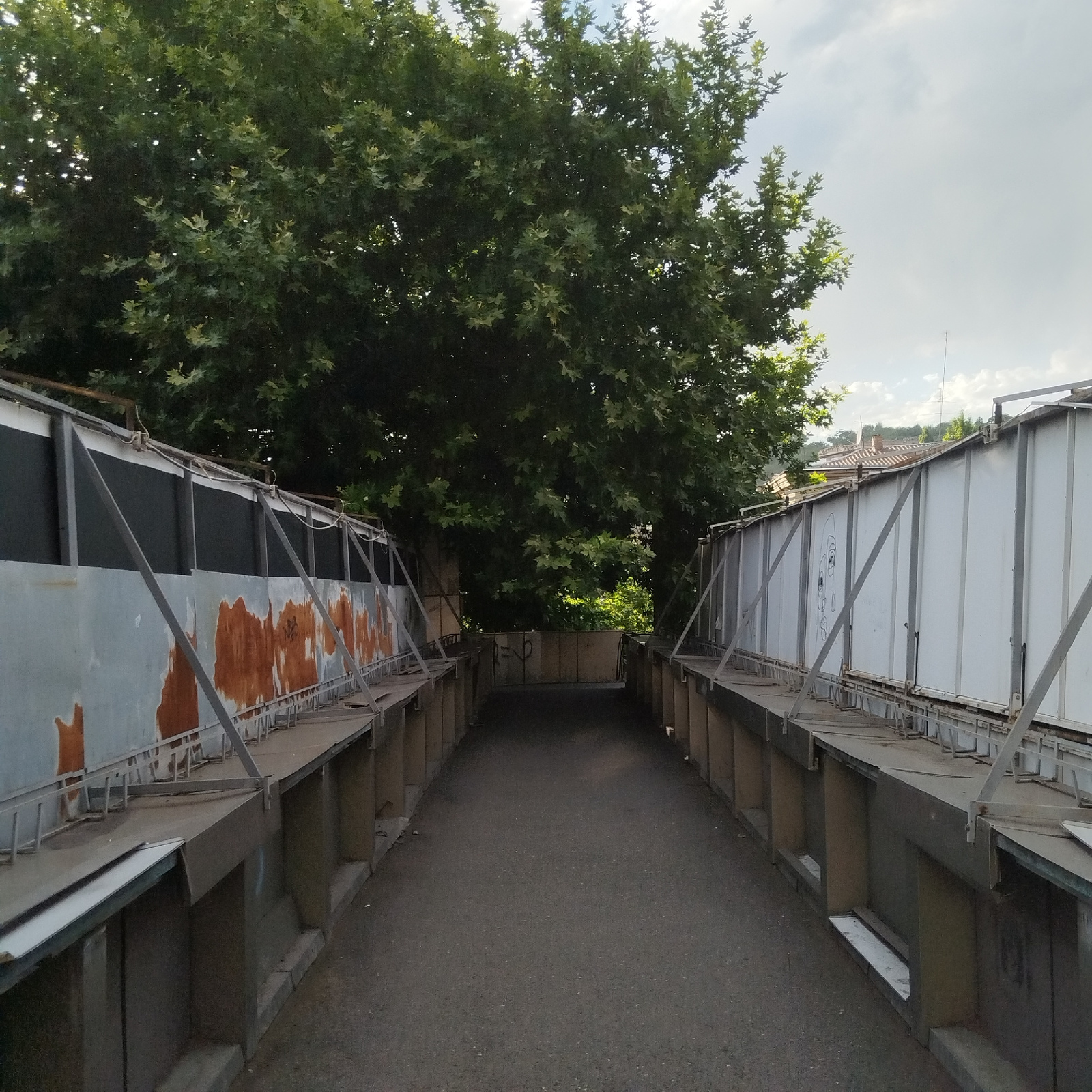 The image captures a view from a pedestrian walkway or bridge, looking forward. The walkway is flanked by two structures with metal supports and either paneled walls or coverings. The structure on the left has a section of rusted metal panels. The structure on the right is primarily white with some black markings that appear to be graffiti, including a drawing of a face. Large, leafy trees are prominent overhead, partially obscuring the sky which is cloudy. In the background, beyond the trees and structures, hints of buildings with tiled roofs can be seen, suggesting an urban environment. The walkway itself is paved with asphalt. The overall impression is one of an outdoor, possibly urban, passage under a canopy of trees. The specific location in Yerevan, Armenia, cannot be definitively determined from the visual information present in the image.