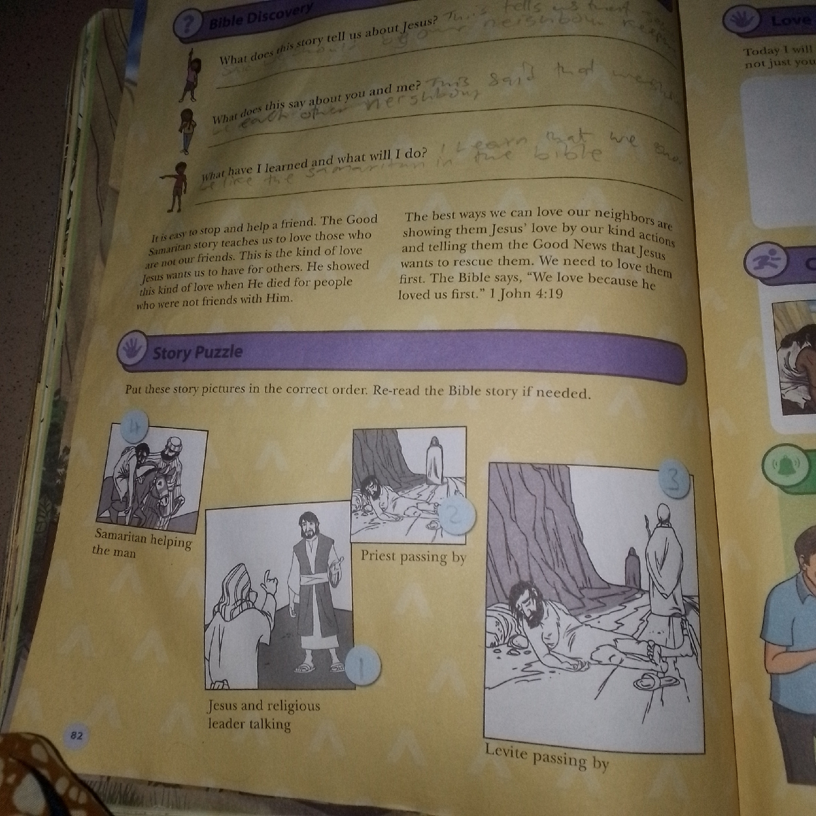 The image is a page from a workbook or educational material. It features text related to a "Bible Discovery" and a "Story Puzzle." The "Story Puzzle" section contains three captioned pictures that appear to be illustrations for a Bible story. The first picture, labeled "Samaritan helping the man," shows a person on a donkey with another person assisting them. The second picture, labeled "Priest passing by," depicts a person lying on the ground while another person walks past. The third illustration, labeled "Levite passing by," also shows a person on the ground with another person moving away. The page includes numbered circles (1, 2, and 3) over the pictures, suggesting they are part of an activity to be put in order. There is also handwritten text in the upper portion of the page. The page number "82" is visible at the bottom left. The overall aesthetic suggests it is a children's educational resource. There is no information about the city of Jalingo, Nigeria, within the visible content of the image.