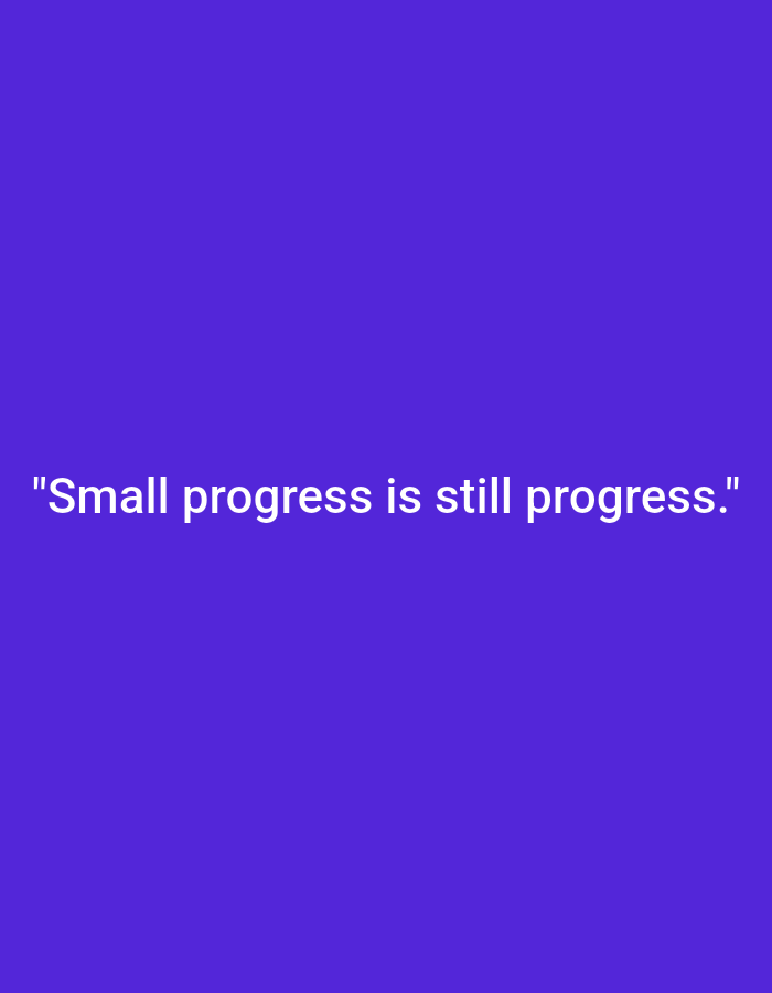 The image is a solid, vibrant purple background with white text centered on the lower half. The text reads: "Small progress is still progress." There are no people, objects, actions, or interactions visible in the image. The location in the city of Makassar, Indonesia, is not relevant to the content of the image.