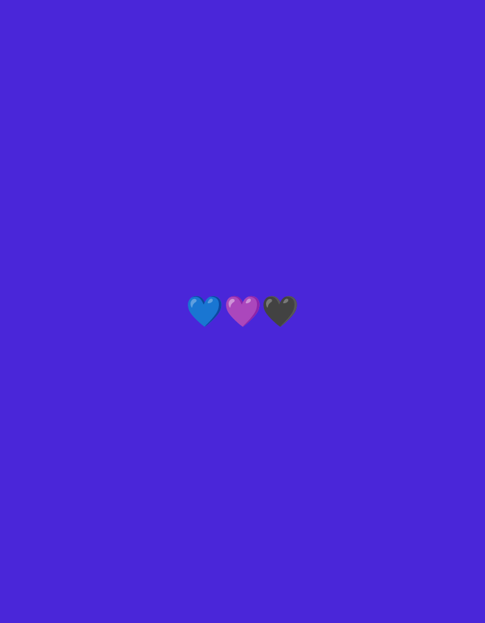 The image is a digital illustration with a vibrant purple background. Centered in the middle of the frame are three small, stylized heart shapes. From left to right, the hearts are colored bright blue, pink, and dark gray. There are no people, scenes, or discernible text in the image. The overall impression is minimalist and symbolic, with the hearts likely representing a concept or affiliation rather than depicting a specific event or location. The colors of the hearts might be significant, possibly alluding to a flag or a particular identity.