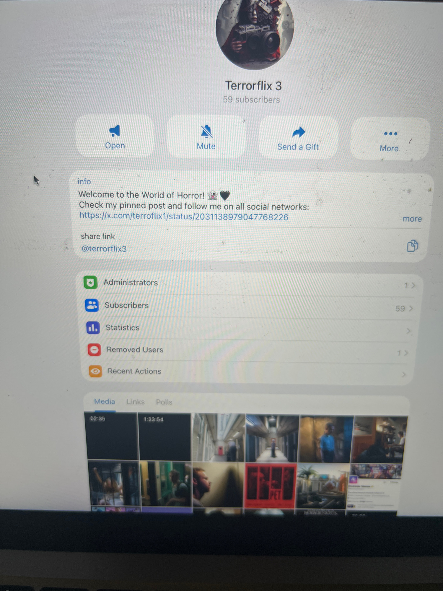 The image shows a screenshot of a Telegram channel or group. The channel is named "Terrorflix 3" and has 59 subscribers. The description of the channel is "Welcome to the World of Horror! Check my pinned post and follow me on all social networks: https://x.com/terroflix1/status/2031138979047768226". The username is "@terrorflix3". Below the description, there are options for "Administrators", "Subscribers", "Statistics", "Removed Users", and "Recent Actions". At the bottom of the screen, there are tabs for "Media", "Links", and "Polls", followed by a grid of media thumbnails, which appear to be video previews, some with timestamps. The overall context suggests a social media or content sharing platform. There is no information in the image that places it in a specific city or location.