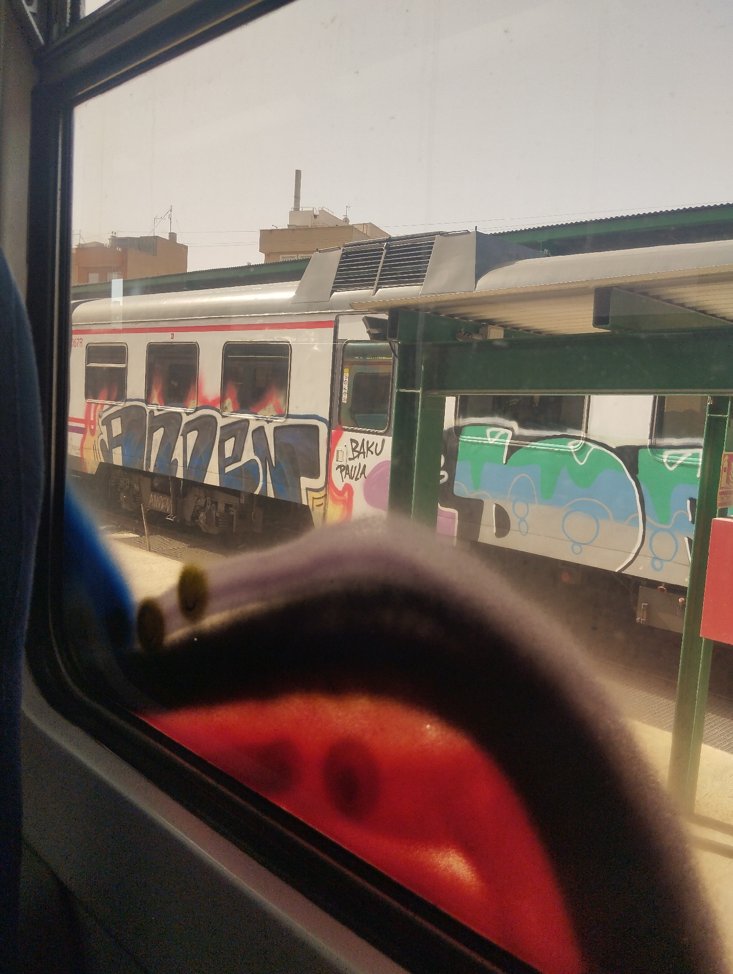 The image shows a train car covered in graffiti, viewed from inside another train car through a window. The graffiti on the train car includes the word "FAZDEN" in large blue and white letters with black outlines, and other colorful spray-painted designs including what appears to be "BAKU PAULA" and a green and blue wavy design. The train is at a station with a green covered platform overhead. The environment outside the train appears to be a bright, possibly hazy day with some buildings visible in the background. The foreground of the image, viewed through the window, shows a blurred red and black abstract shape, possibly a reflection or part of the interior of the viewing train car. No people are clearly visible. The graffiti suggests the location is likely a public transportation hub or rail yard within the city of Murcia, Spain, a common place for graffiti art on trains.