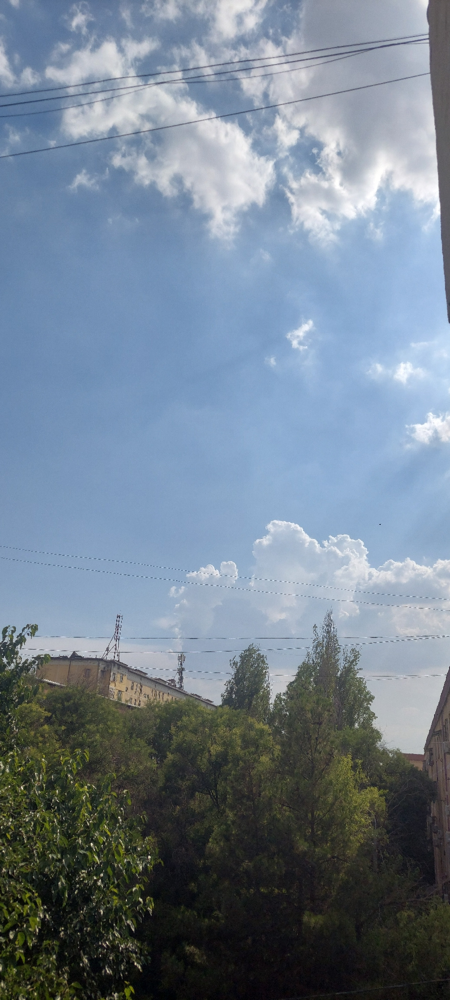 A low-angle, vertical outdoor shot captures a clear blue sky dotted with fluffy white clouds and crisscrossed by thin power lines. In the middle ground, a weathered, yellow apartment building with several windows is visible atop a lush green hill densely covered with trees. Two tall communication towers with antennas stand on the roof of the building. On the right side of the frame, a portion of another apartment building with a tan facade and visible windows is partially in view. The foreground is dominated by the dark green foliage of trees. The image is a daytime scene, likely taken from a residential area in Tashkent, Uzbekistan, given the architectural style of the buildings and the presence of communication towers.