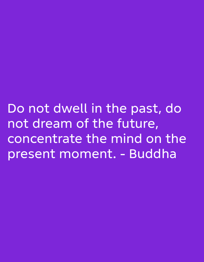 A quote by Buddha is displayed in white text on a solid purple background. The quote reads: "Do not dwell in the past, do not dream of the future, concentrate the mind on the present moment. - Buddha". The text is centered on the image and is presented in a sans-serif font.