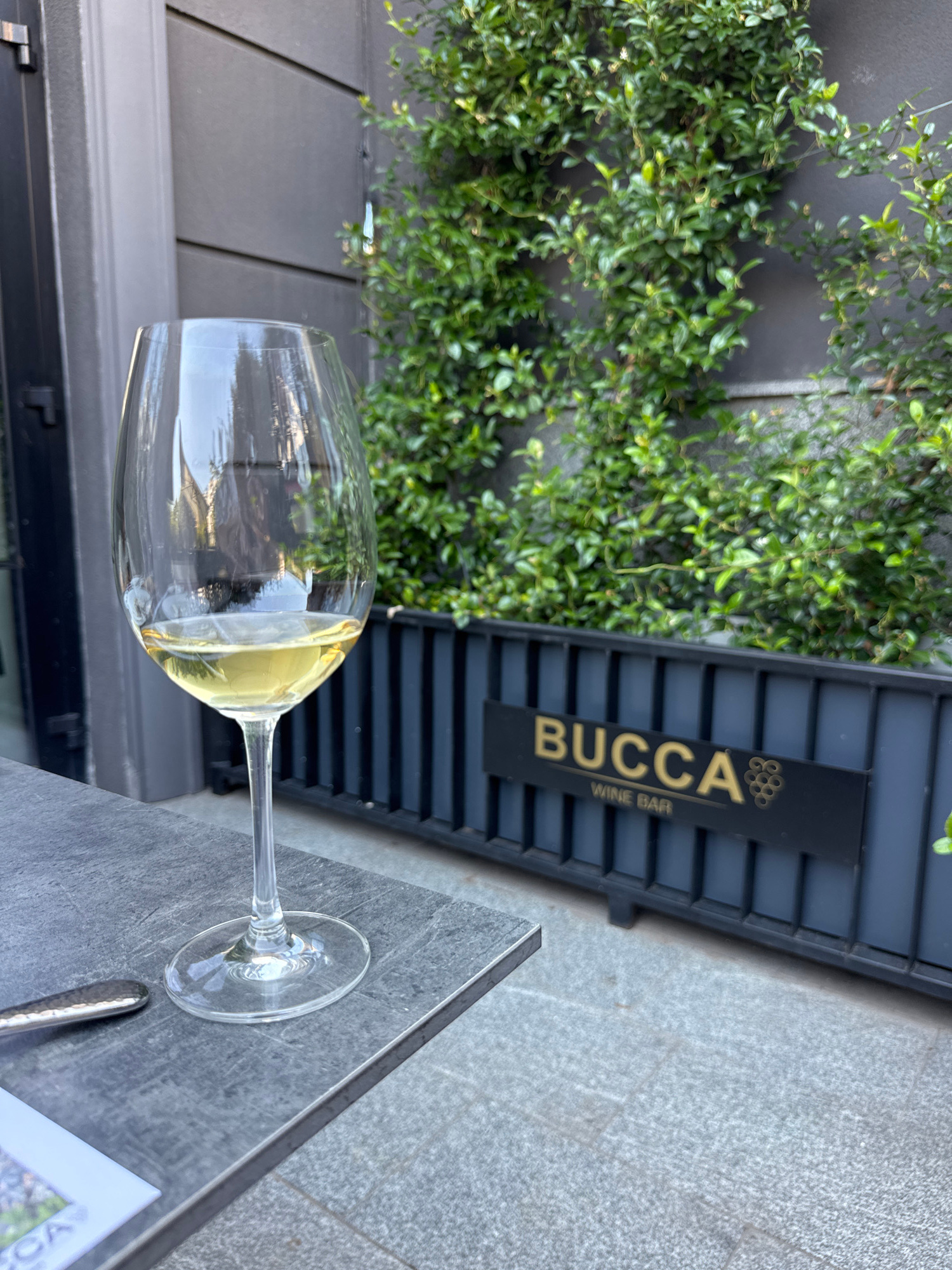 A close-up, eye-level shot focuses on a glass of white wine on a dark gray stone table. The wine is light yellow and about a quarter full. The glass has a thin stem and a wide bowl. To the left of the glass, part of a silver utensil is visible. In the background, lush green ivy covers a dark gray wall. A dark blue planter box with a black sign reads "BUCCA WINE BAR" in gold lettering, with a cluster of grapes as a graphic element. The ground is paved with light gray square tiles.