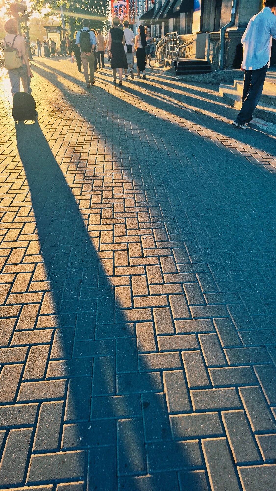The image depicts a sunlit pedestrian walkway paved with herringbone-patterned brickwork. The low angle of the sun casts long, sharp shadows across the path, creating a striking contrast between illuminated and shadowed areas. Several individuals are walking on the walkway. In the foreground, a person walks away from the camera, casting a very long shadow. Further back, a group of people are walking towards the camera, silhouetted against the bright light. The background shows buildings and trees, suggesting an urban environment. The overall impression is one of a pleasant, late afternoon scene on a city street. The location is identified as Chișinău, Moldova.