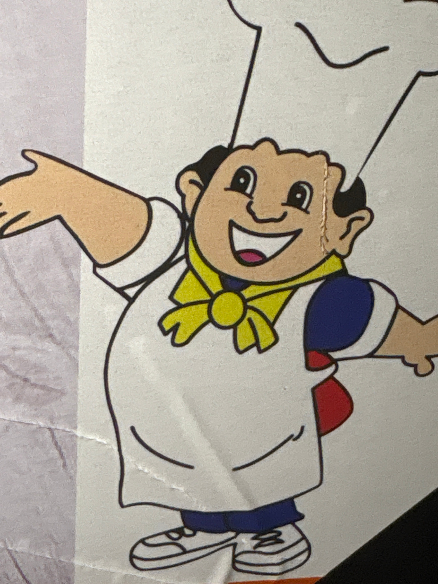 The image is a close-up of a cartoon drawing of a baker. The baker is a plump, smiling man wearing a chef's hat and a white apron over a blue shirt with a red accent. He has brown hair and is wearing white sneakers with blue trim. His arms are outstretched, and he is smiling broadly with his mouth open, revealing pink gums and teeth. The drawing is outlined in black. The background is a light, textured surface with a gradient from a pale lavender on the left to white on the right, with some faint lines or folds visible. There is no discernible information about the location in Obosi, Nigeria, within the provided image.