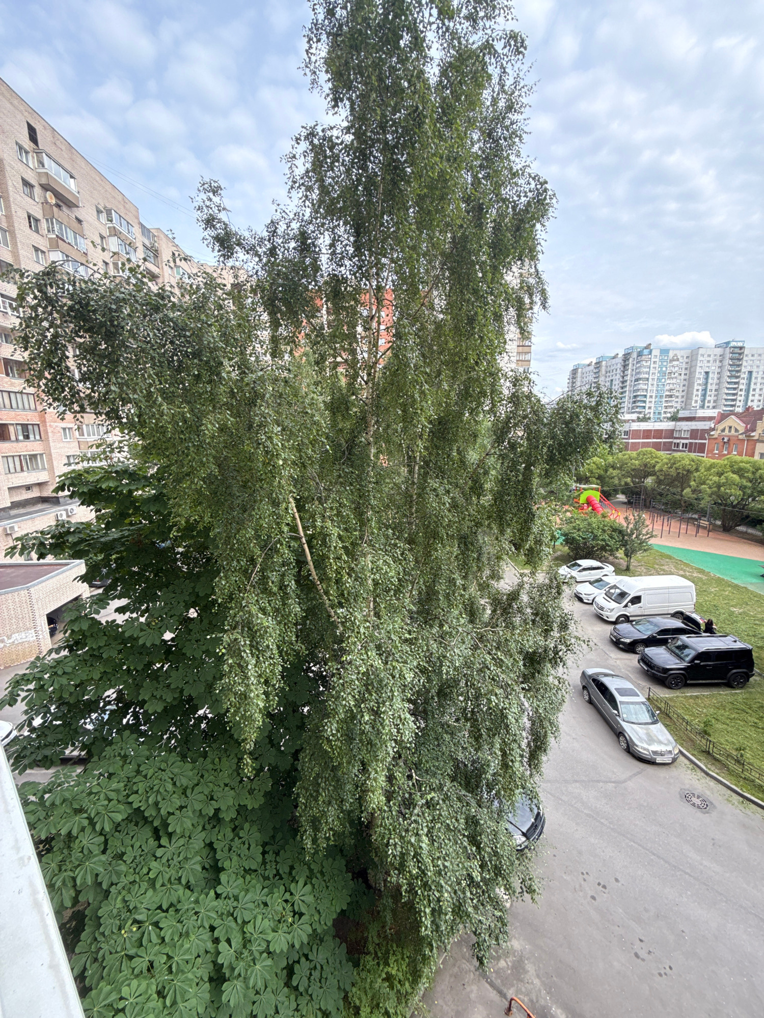 An aerial view captures a street scene in Saint Petersburg, Russia, dominated by lush green foliage from a large tree in the foreground, which obscures a significant portion of the frame. Beyond the tree, a multi-story brick apartment building with numerous windows and balconies lines the left side of the image. Further in the distance, a cluster of modern, high-rise apartment buildings with light-colored facades and blue-tinted windows forms the cityscape backdrop. A children's playground with red and green structures is visible on the right, adjacent to a paved area and grassy patches. Several vehicles are parked on the asphalt, including a white van, a black SUV, a silver sedan, and other cars. The sky is overcast with scattered clouds.