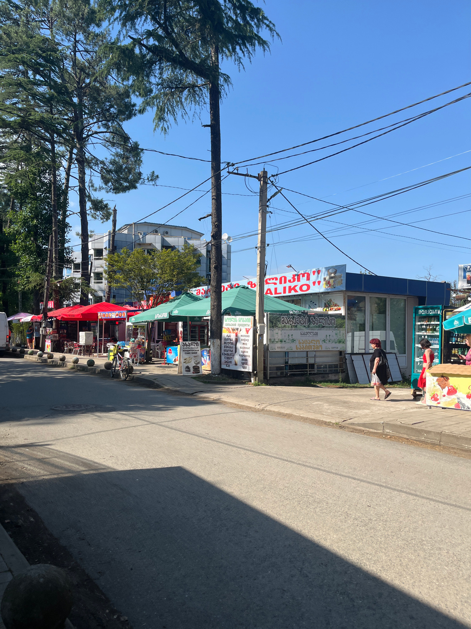 In Ureki, Georgia, on a sunny day, a street scene unfolds along a paved road. To the left, a row of small businesses with red awnings operate, featuring tables and chairs. A bicycle is parked near one of these establishments. Further down the street, green awnings cover more shops, and a blue building houses another business with a prominent sign reading "ALIKO". Various posters and signs are displayed, some in Georgian script, advertising products like ice cream and drinks, including "BORJOMI". Several people are visible walking along the sidewalk. A woman in a black dress carries a plastic bag, and another woman in a red dress is also present. The environment is characterized by trees lining the street, utility poles with numerous wires, and a clear blue sky. Shadows from the trees and structures are cast across the road and sidewalk, indicating the time of day. A modern building is visible in the background.