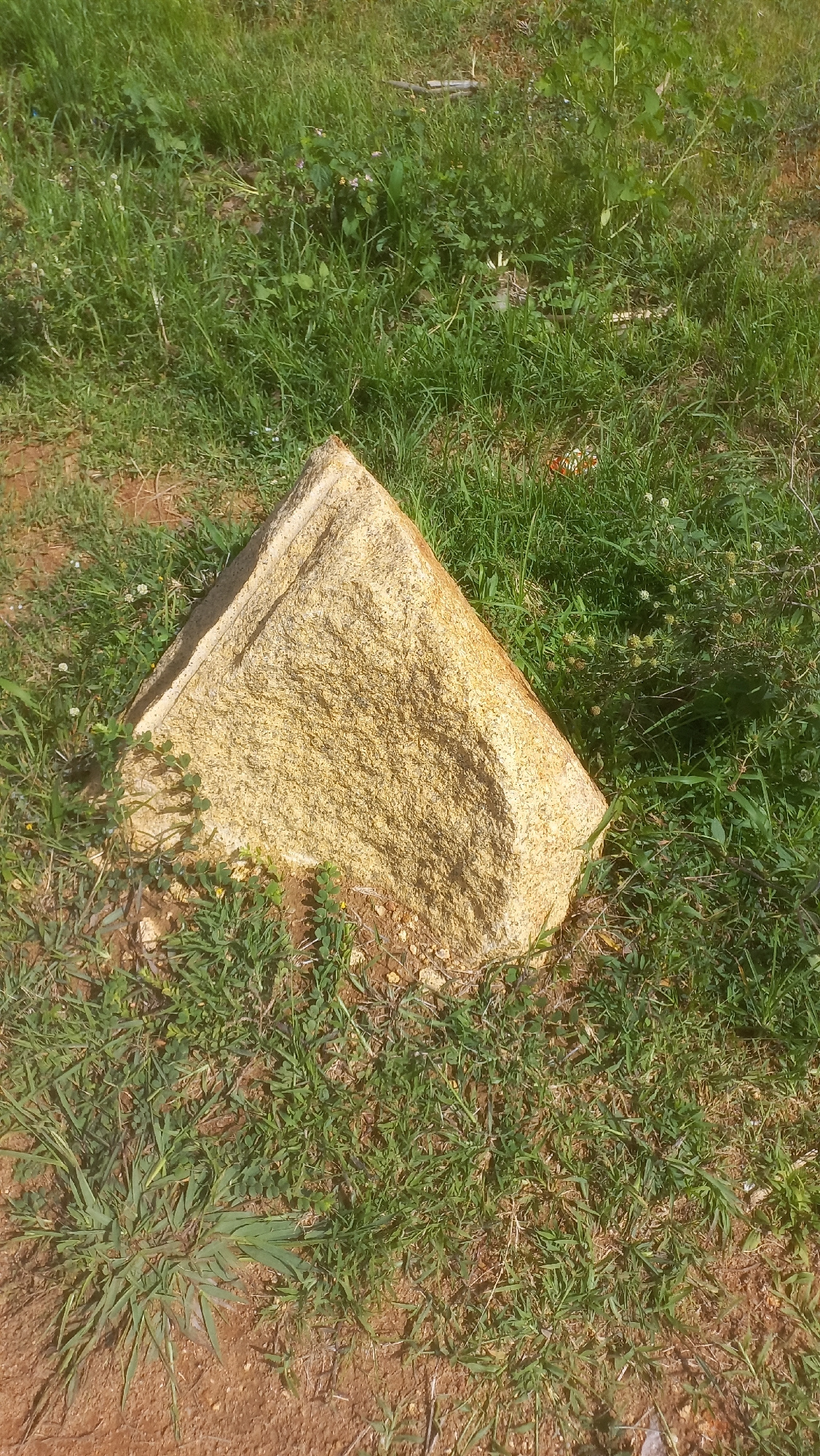 A triangular rock, light brown and textured, rests partially submerged in green grass. The rock is positioned in the lower center of the frame, with its pointed tip facing upwards and slightly to the right. The surrounding environment is a grassy area with patches of dry, reddish-brown soil visible beneath the blades of grass. Some small white flowers are scattered amongst the greenery. The lighting suggests it is daytime. The image does not provide enough information to determine the specific location within Kwang, Nigeria.