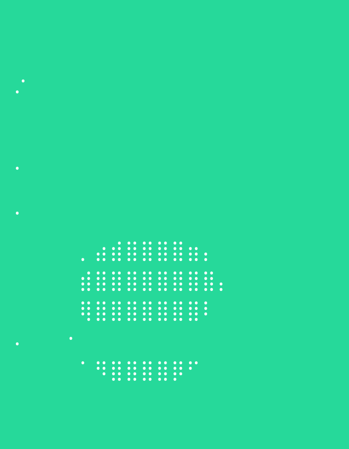 The image is a digital artwork on a bright teal background, featuring a pattern of white dots. The dots are arranged in clusters, forming an abstract shape that resembles a globe or a planet with rings. Some dots are scattered around the main cluster, suggesting stars or a cosmic environment. The artwork is purely abstract and does not depict any real-world objects, people, or locations. Therefore, its location in the city of Unknown, Unknown, cannot be determined.