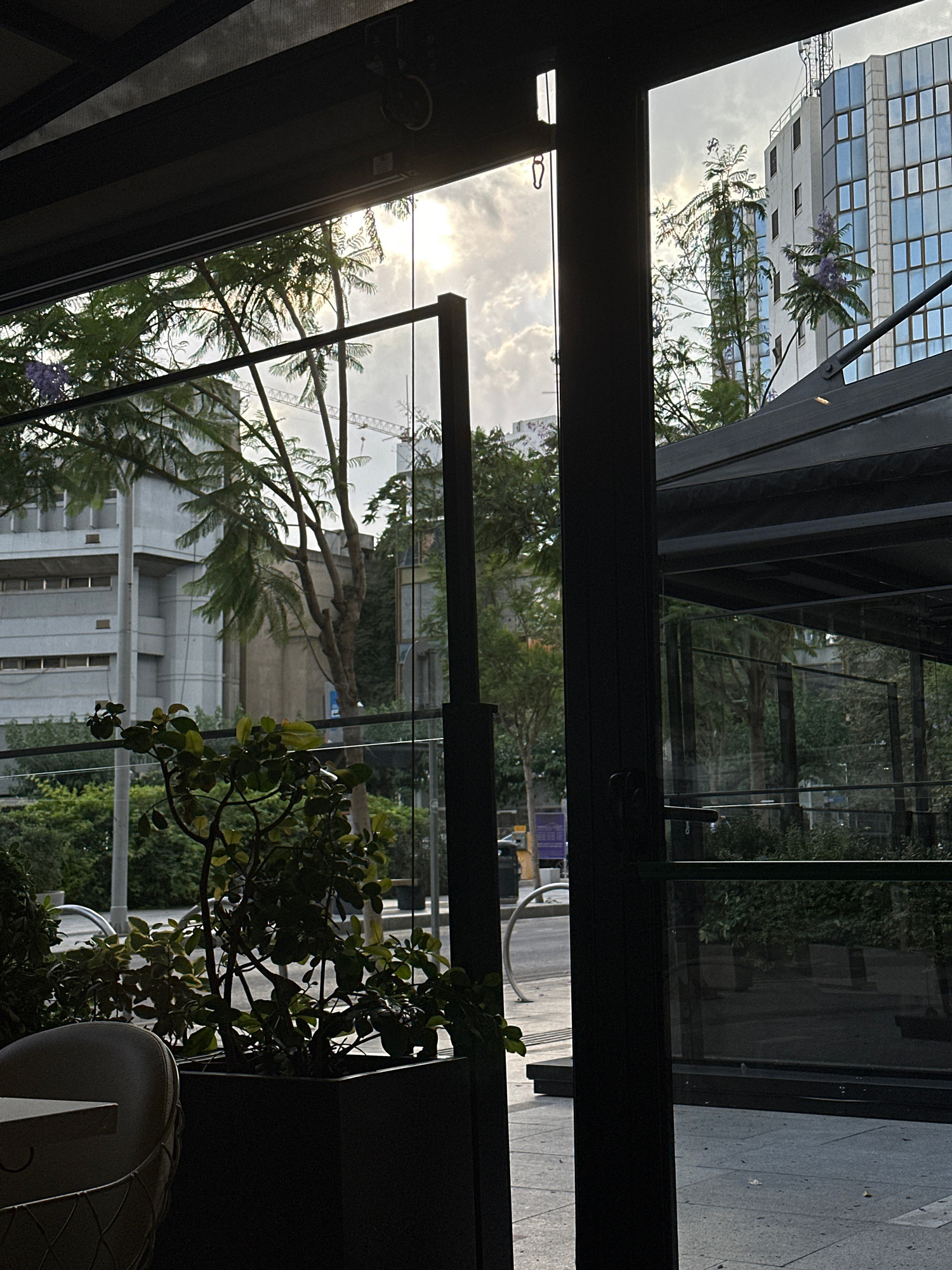 The image captures a reflected view from a modern building with glass facades, looking outwards onto a city street and sky. The perspective is from an interior space, possibly a cafe or office, with dark, angular architectural elements framing the view.
The dominant subjects are the reflections in the glass and the external scene. We see the reflection of a modern, multi-story building with a grid-like facade of windows. Outside, trees with delicate branches and some flowering purple blossoms are visible, suggesting a temperate climate. The sky is partly cloudy, with the sun's rays breaking through, indicating it is likely daytime, possibly late afternoon or early morning due to the soft light. A construction crane is faintly visible in the distance, hinting at ongoing urban development.
The scene is set in an urban environment, with hints of Nicosia, Cyprus, through the architectural style and foliage. The overall mood is one of contemplation or observation, with the glass acting as a barrier between the interior and the outside world. The image is a still shot, with no discernible activity taking place beyond the ambient life of a city.
Notable details include the reflections creating a layered visual effect, the contrast between the sharp lines of the architecture and the organic shapes of the trees, and the diffused sunlight. No legible text is visible within the image.