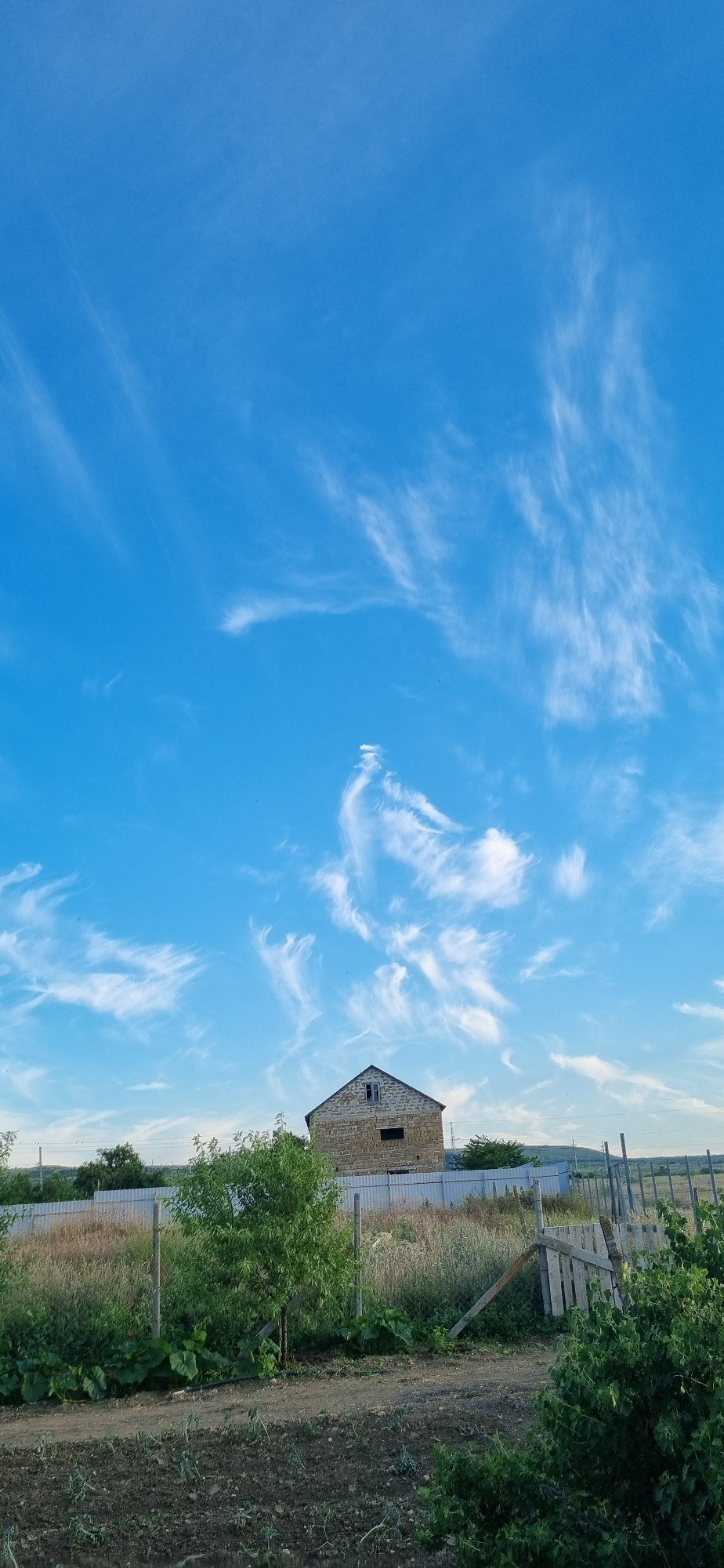 A vertical, medium shot captures a partially constructed, two-story building with a stone facade situated in Blizhnee, Ukraine. The building, which appears to be under construction, features a visible window on the upper floor and a dark, recessed opening on the lower floor. It is surrounded by a chain-link fence and dense vegetation, including tall grasses and trees. In the foreground, a dirt path runs through a cultivated field. The sky above is a clear, bright blue, adorned with wispy, white cirrus clouds that create a dynamic, artistic effect. The overall scene suggests a rural or semi-rural setting, possibly a residential area under development.