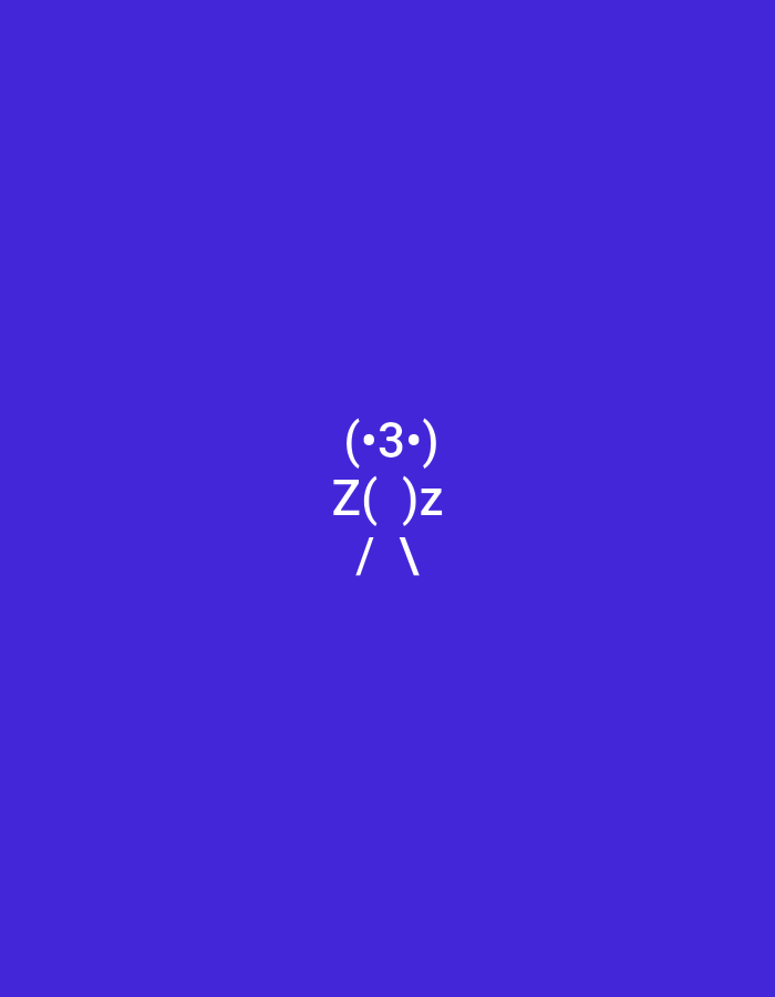 The image is a digital artwork against a solid royal blue background. In the center of the image, white text is arranged to form a stylized depiction of a person. The top line reads "(•3•)" representing the head. The second line reads "Z( )z" forming the body. The bottom line consists of two forward slashes "\\ /" which appear to be legs. There is no indication that this image is located in the city of Balakovo, Russia, or any other specific geographical location.