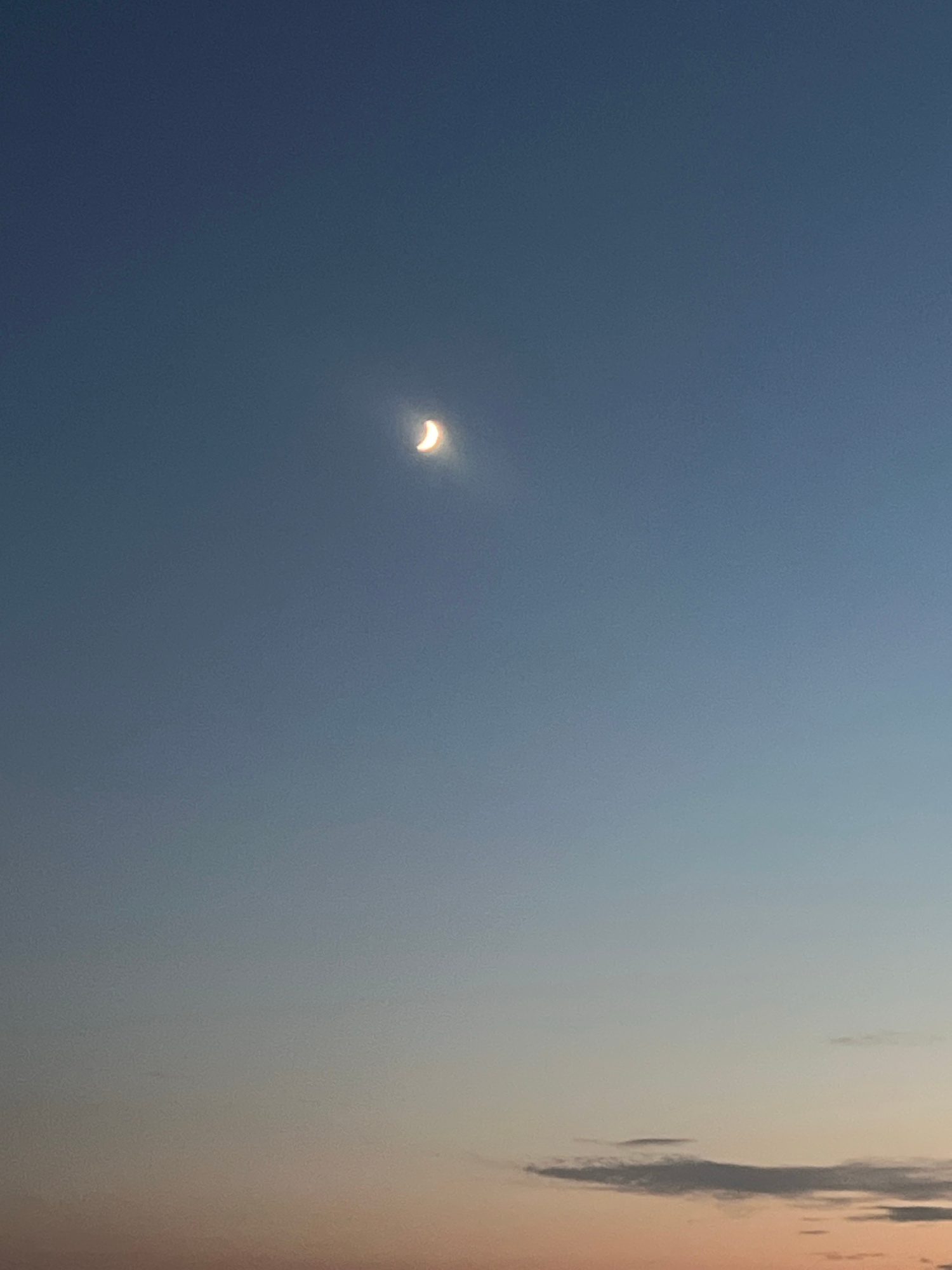 A crescent moon is visible in a clear, gradient sky that transitions from dark blue at the top to pale orange and pink at the bottom, suggesting twilight. A few wispy clouds are present near the horizon. There are no people, structures, or other objects in the frame, and no discernible location within a city is evident.