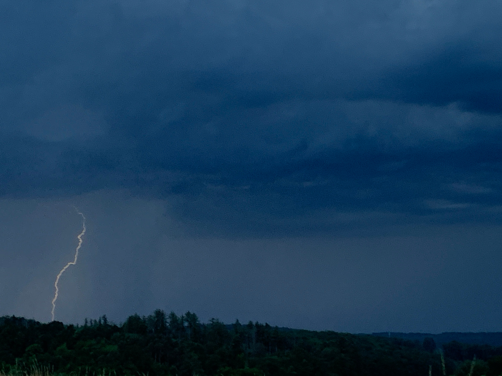 A lightning bolt streaks vertically down from dark, cloudy skies over a dark, dense forest in Oberquembach, Germany. The forest canopy is silhouetted against the darker, hazy background. The lightning appears as a bright, white, jagged line, illuminating a portion of the sky. The overall atmosphere is one of an approaching or ongoing thunderstorm. No people or man-made structures are visible in the immediate foreground or midground.