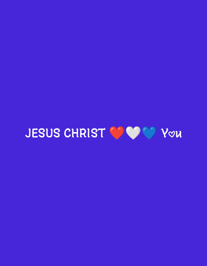 This is a digital graphic with a solid royal blue background. White text reads "JESUS CHRIST" followed by three heart emojis: red, white, and blue. To the right of the hearts, in white text, is the word "You" with a heart emoji as the dot on the "u". The graphic does not depict any recognizable locations in Kuta Selatan, Indonesia.