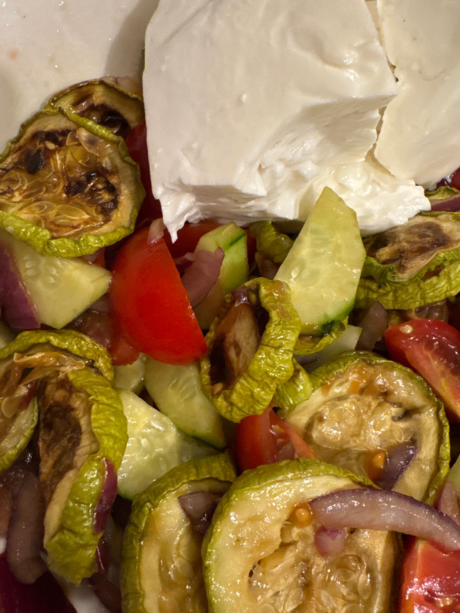A close-up, high-angle shot captures a vibrant salad dish, dominated by fresh ingredients and cheese. The primary subject is a large serving of torn or roughly cut soft white cheese, resembling mozzarella or burrata, occupying the upper left quadrant of the frame with its smooth, slightly irregular surfaces.
The rest of the bowl is filled with a colorful mix of vegetables. Prominently featured are circular slices of grilled or roasted green zucchini (courgette), showing distinct char marks and a slightly shriveled texture, revealing their seedy interiors. Interspersed among the zucchini are bright red tomato wedges, fresh green cucumber slices, and thin, translucent slivers of red onion, which add touches of purple.
The lighting appears to be even, highlighting the fresh textures and natural colors of the ingredients, suggesting the dish is ready for consumption. The composition focuses tightly on the food, offering no discernible background or setting cues beyond the food itself in a serving bowl or plate. There are no people or visible text in the image. The dish's components are common in Mediterranean and Balkan cuisines, which aligns with the provided context of Sofia, Bulgaria, though no direct geographical markers are present.