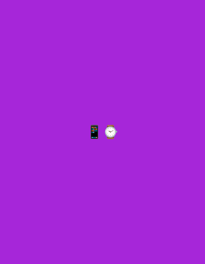 The image displays a purple background with two small objects positioned near the center. On the left is a black smartphone with a screen displaying colorful squares, resembling app icons. To the right of the smartphone is a round analog watch with a white face, black hour and minute hands, and a brown strap. The scene is devoid of any urban elements or indications of Kuta Selatan, Indonesia.