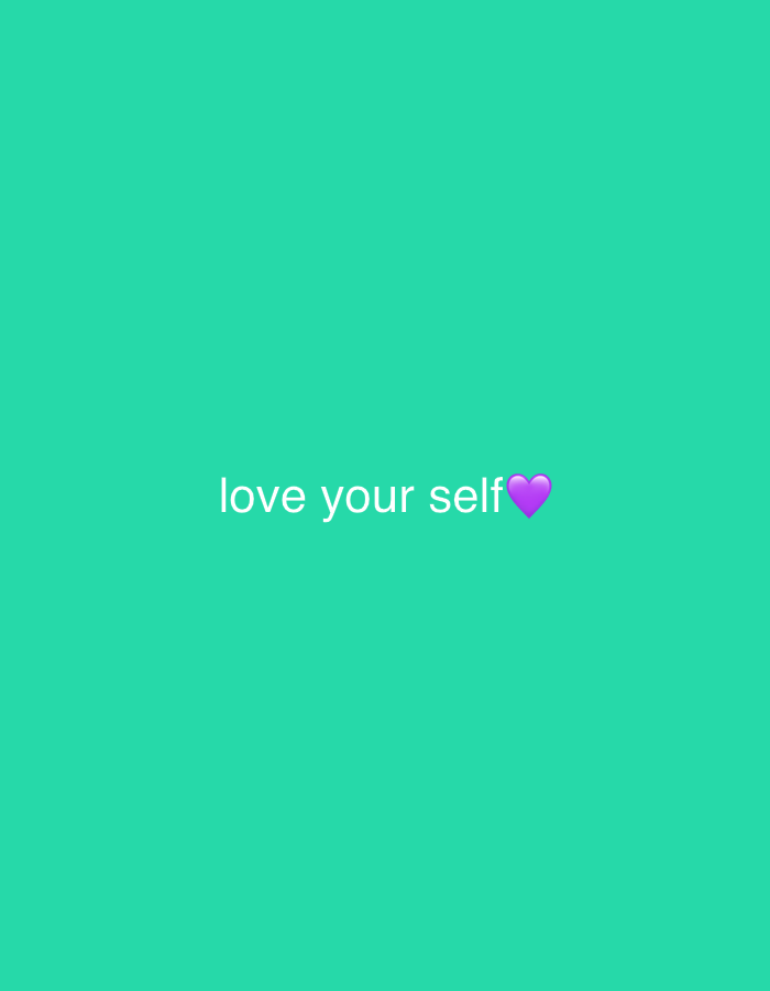 The media file is a static image with a plain turquoise background. Centered in the image, in white text, are the words "love your self". To the right of the text, a small purple heart emoji is visible. The image does not contain any people, objects, or discernible scene, setting, or activity. There are no location cues or indications of time of day or weather. The overall emotion conveyed by the text and emoji is positive and self-affirming.