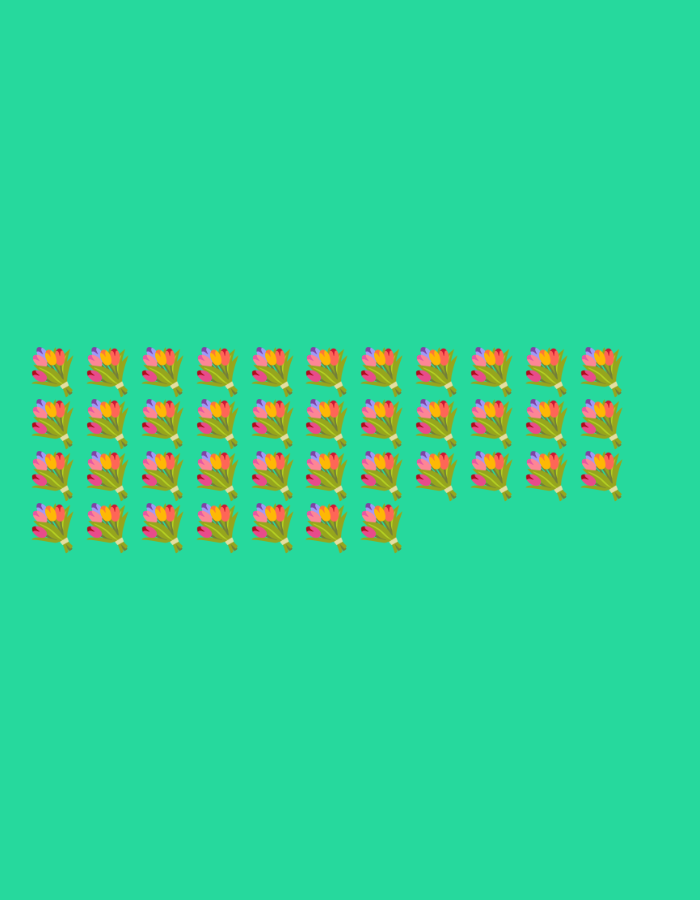 The image is a flat, two-dimensional digital illustration against a plain teal background. The illustration consists of multiple bouquets of tulips arranged in rows. The tulips are depicted in various colors, including pink, yellow, purple, and orange. They are tied together with white bands. The bouquets are organized in a grid-like pattern, with some rows appearing to have fewer bouquets than others, creating a staggered effect. The bottom edge of the image is lined with these tulip bouquets. There is no information in the image to suggest a specific location in Mahilyow, Belarus, or any people, actions, or interactions.