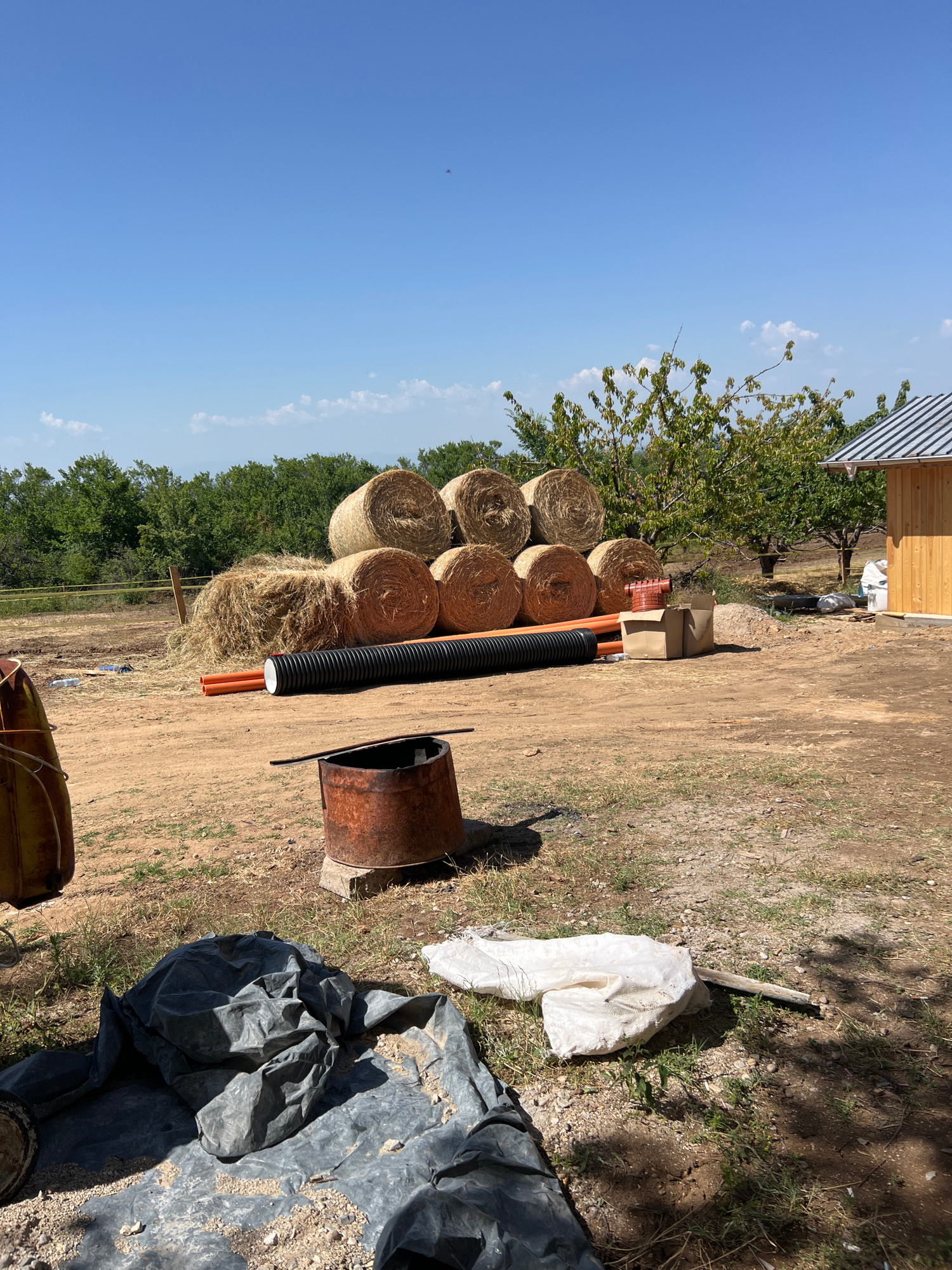 The image depicts an outdoor scene, likely on a farm or rural property, given the presence of hay bales, building materials, and a rustic shed. The sun is high in the sky, suggesting it is midday, and the weather appears clear and sunny.
The main subjects are a stack of round hay bales, a long black corrugated pipe, and an orange pipe with fittings. There's also a rusty metal barrel, some cardboard boxes, and a large black tarp partially covering something on the ground. In the background, a simple wooden shed with a metal roof is visible, along with trees and greenery. The ground is a mix of dirt and sparse grass.
The arrangement of the objects, particularly the pipes and barrel, suggests preparation for some kind of construction or landscaping project, possibly related to drainage or water management. The hay bales could be for animal feed or as a temporary covering for materials.
There are no people visible in the image, and the overall impression is one of a work-in-progress on a sunny day in a rural Bulgarian setting. The lighting indicates it is daytime, with clear skies and ample sunlight casting distinct shadows. The location cues include the vegetation and the style of the shed, consistent with a rural Bulgarian landscape. No visible text is present in the image.