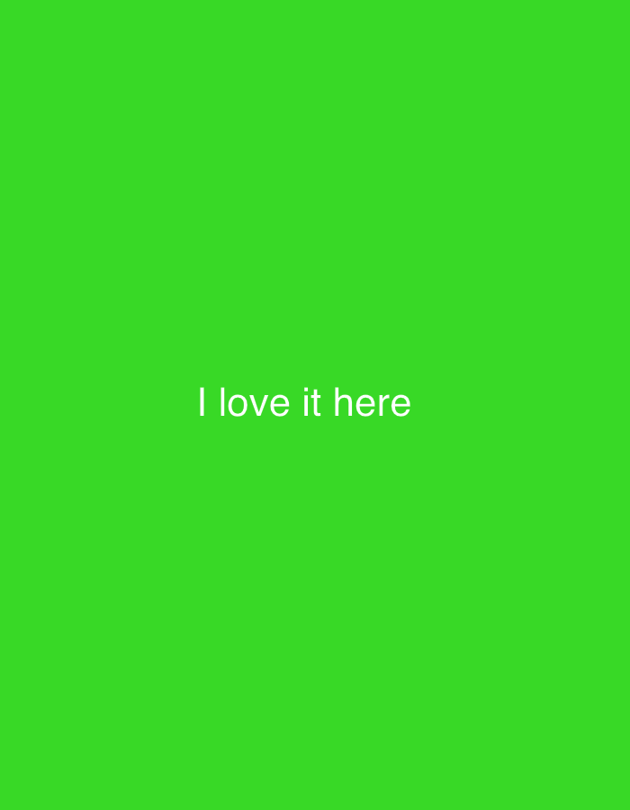The image is a vibrant, solid green background with the white text "I love it here" centered horizontally and positioned slightly above the vertical center. The text is in a simple, sans-serif font. There are no people, objects, or other elements present in the image. The scene is entirely digital and does not depict any specific location in Jalingo, Nigeria.