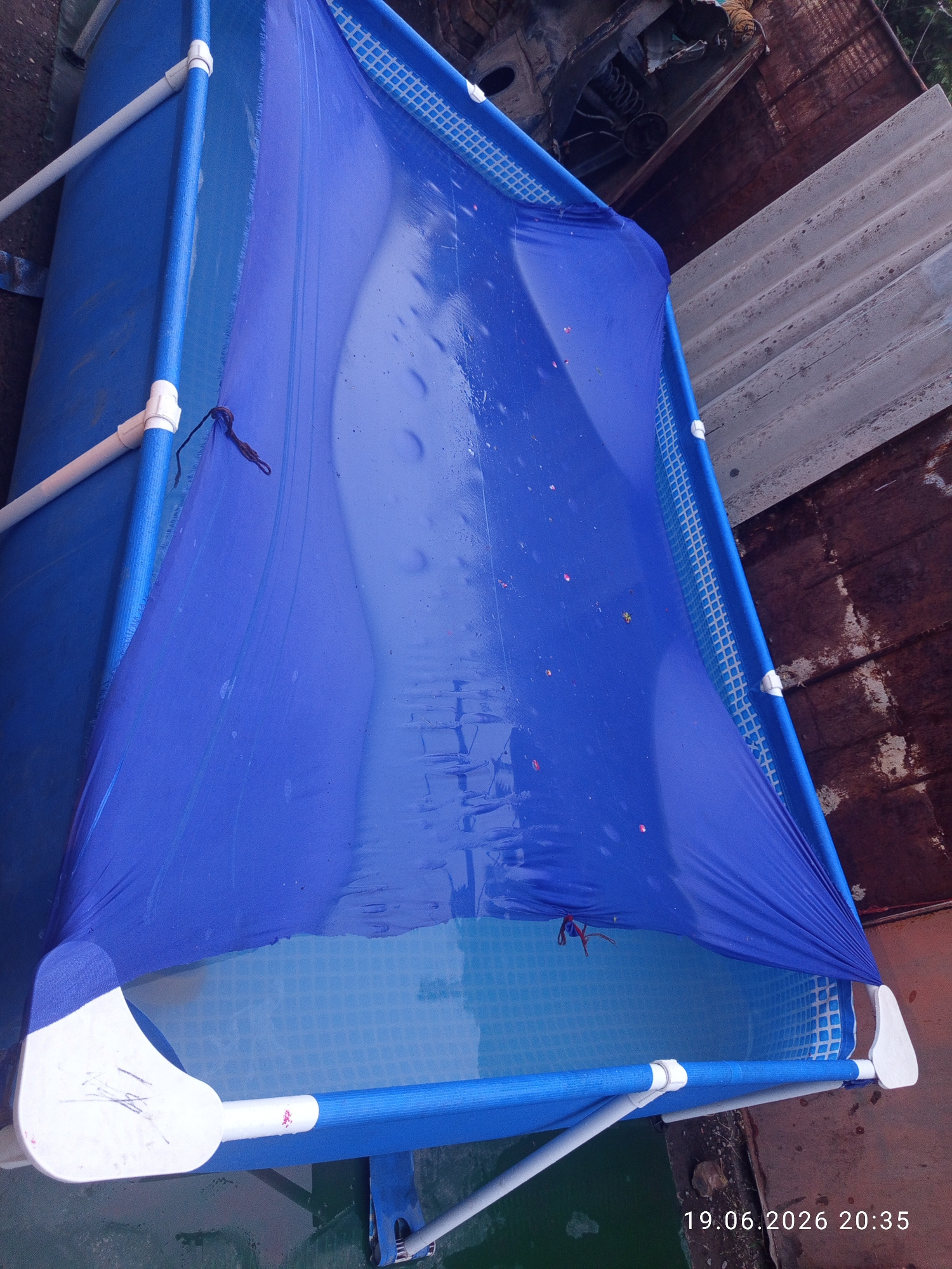 An outdoor elevated blue rectangular swimming pool is partially covered with a blue tarp. The pool has white support legs and blue piping along its top edge. The tarp is draped over the pool, creating a sagging effect with pooled water on its surface. Small red and pink flecks are visible on the tarp. The pool is situated outdoors, next to a rusted metal surface and corrugated metal sheeting, suggesting an industrial or yard setting. The timestamp "19.06.2026 20:35" is present in the lower right corner of the image. There are no people visible in the image. The location is identified as Belovodskoe, Kyrgyzstan.