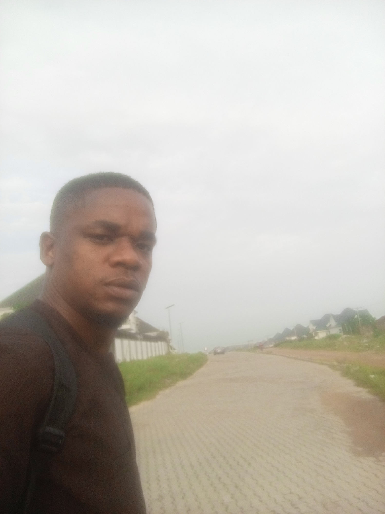 A medium shot selfie is taken from a low angle outdoors. The image features a Black male wearing a dark brown t-shirt and a black backpack strap visible on his left shoulder. He is looking directly at the camera with a neutral expression. The background shows a paved road with interlocking stones, flanked by green grass. Further in the background, several houses with white walls and dark roofs are visible on a slight incline, suggesting a residential area. The sky is overcast and hazy, giving the scene a muted and somewhat diffused lighting. The location is identified as Gwarinpa, Nigeria.