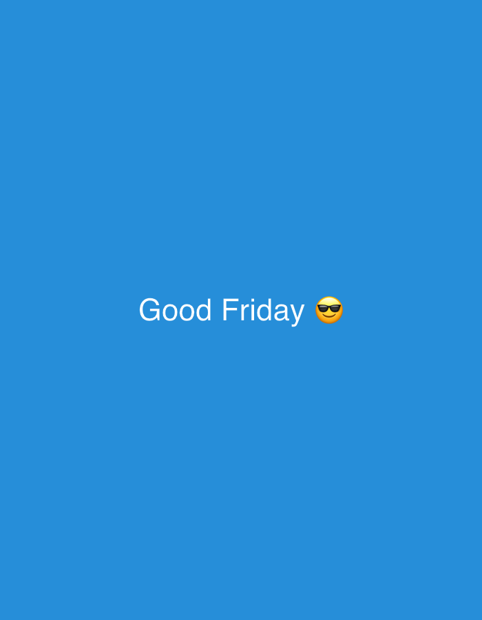 The image is a close-up, centered shot of a solid, bright blue background. In the center of the frame, the words "Good Friday" are displayed in white text. To the right of the text, a yellow emoji with dark sunglasses is visible. The image appears to be a digital graphic or a screenshot, with no discernible location or context within the city of Đà Nẵng, Vietnam. There are no people, objects, or actions depicted beyond the text and emoji.