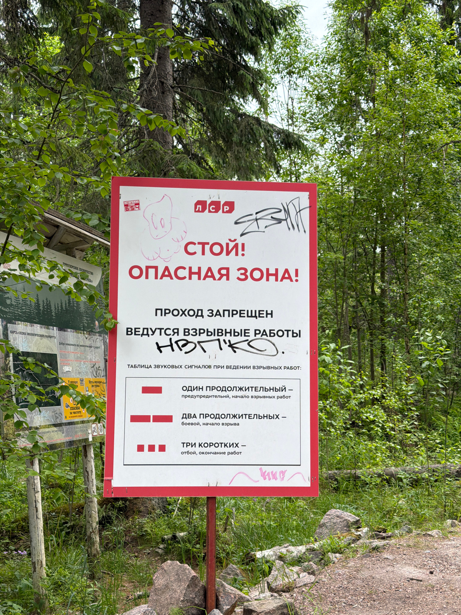 In Kuznechnoye, Russia, a red and white sign with Cyrillic text is erected on a metal pole amidst lush green foliage and trees. The sign is divided into sections. The top section features a drawing of a cartoon character and what appears to be graffiti. Below this, in large red letters, it reads "СТОЙ! ОПАСНАЯ ЗОНА!" which translates to "STOP! DANGEROUS ZONE!". Further down, it states "ПРОХОД ЗАПРЕЩЕН ВЕДУТСЯ ВЗРЫВНЫЕ РАБОТЫ" meaning "PASSAGE IS PROHIBITED, EXPLOSIVE WORKS ARE UNDERWAY". A table below details the audible signals related to the explosive work: one long signal indicates "preparatory, beginning of explosive work", two long signals indicate "combat, beginning of explosive work", and three short signals indicate "retraction, end of work". The sign is partially obscured by leaves and the surrounding environment is natural, with rocks and dirt paths visible in the foreground. To the left of the main sign, another wooden signpost with multiple signs is visible, also displaying Cyrillic text and graphics.