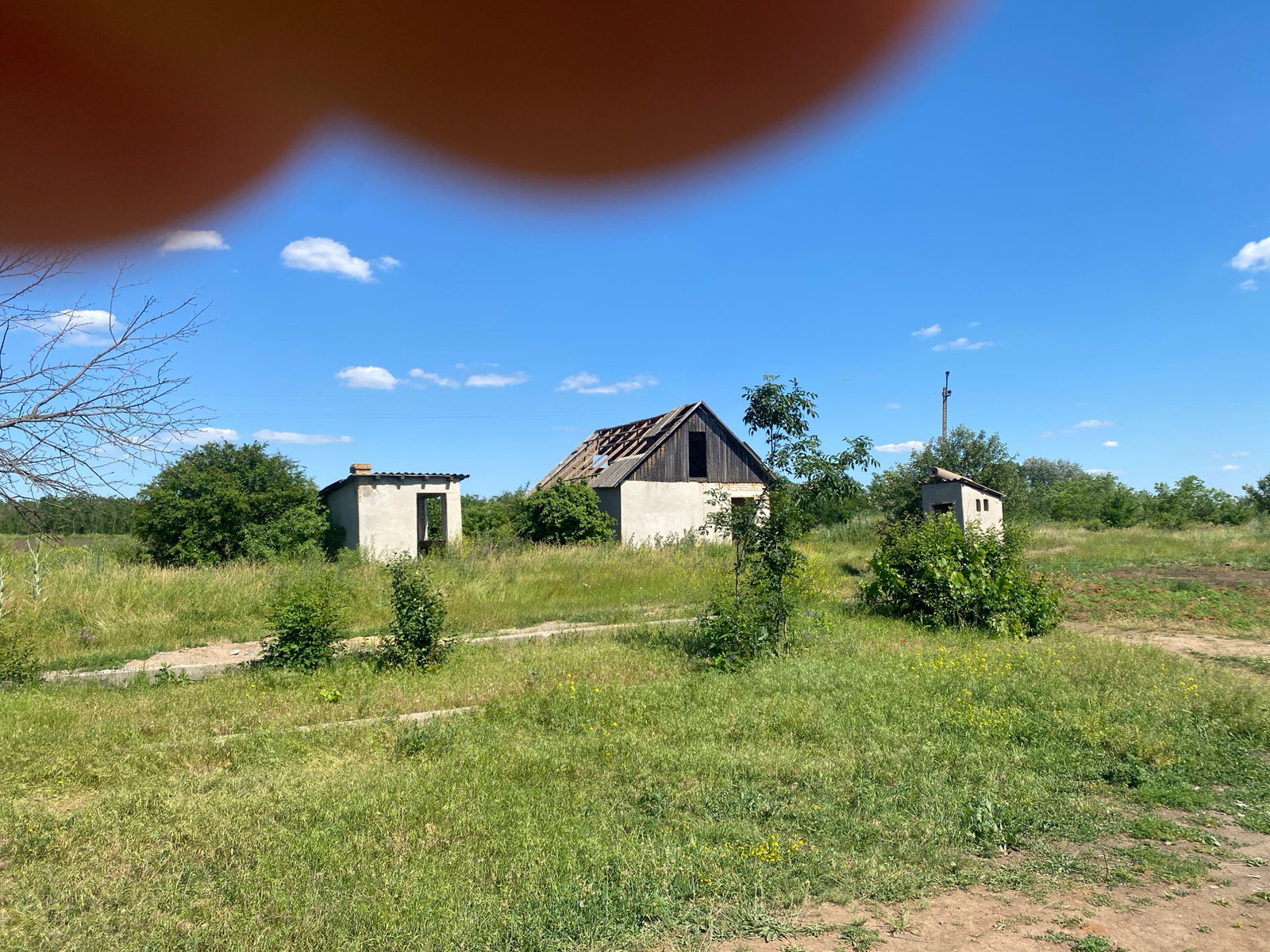 An outdoor, eye-level, medium shot captures three dilapidated, single-story structures situated in a grassy, rural landscape under a clear blue sky dotted with white clouds. In the foreground, a vast expanse of green grass covers the uneven terrain, with some patches of dry, sandy dirt. A dirt path winds through the grass, leading towards the buildings.
The structure on the left is a small, rectangular building with a flat roof and a single, open doorway. To its right stands a larger, house-like structure with a damaged, gabled roof, exposing wooden rafters. This building has an open doorway and what appears to be a boarded-up window. To the right of the larger structure is another small, rectangular building with a flat roof and two small, rectangular openings, resembling windows. A slender, bare tree is visible to the far left of the frame, and various green trees and bushes are scattered throughout the scene. A utility pole with an antenna or light fixture stands behind the larger building. The overall impression is one of abandonment and disrepair.