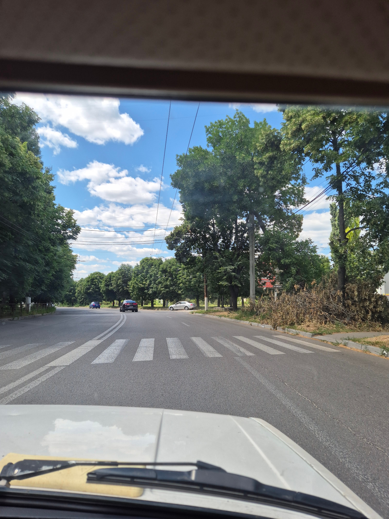 The image is a forward-facing view from inside a vehicle, looking through the windshield. The scene depicts a paved road with a pedestrian crossing marked in white stripes. The road is lined with mature trees on both sides, casting shadows. In the distance, there are several cars on the road. The sky is blue with scattered white clouds. The overall environment suggests a sunny day in a city. The specific location is the intersection of Soborna Street and Heroes of Ukraine Street in Kropyvnytskyi, Ukraine, as indicated by signage visible in the image.