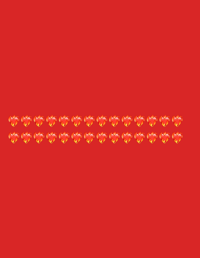 The image features a repeating pattern of red heart emojis, each with flames emanating from its top. These hearts are arranged in four horizontal rows against a solid red background. There are no discernible people, actions, interactions, or environmental elements, and thus no specific location in Tbilisi, Georgia can be identified.
