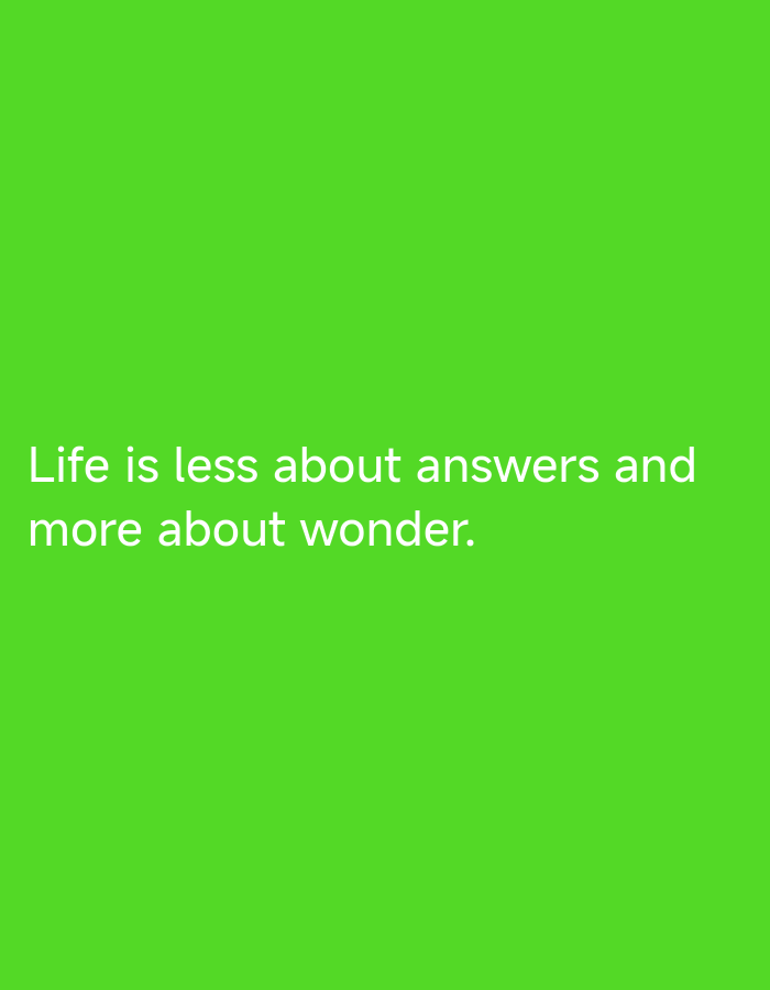 The media file is a plain, vibrant green background with white text. The text reads: "Life is less about answers and more about wonder." There are no people, objects, or scenery visible in the image. The activity taking place is the presentation of a quote. There are no notable details regarding time of day, weather, or location cues. The emotion conveyed is inspirational or philosophical.