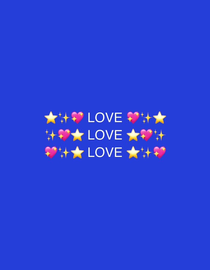 The image is a digitally rendered graphic with a solid royal blue background. Centered horizontally and positioned in the lower half of the frame are three rows of text and emojis. Each row reads "LOVE" in white capital letters, flanked by a pattern of pink hearts with sparkles and yellow stars with sparkles. The arrangement is symmetrical, with the emojis and text repeating in a consistent pattern across the three lines. There are no people, animals, or specific locations depicted. The graphic has a clean, stylized aesthetic.