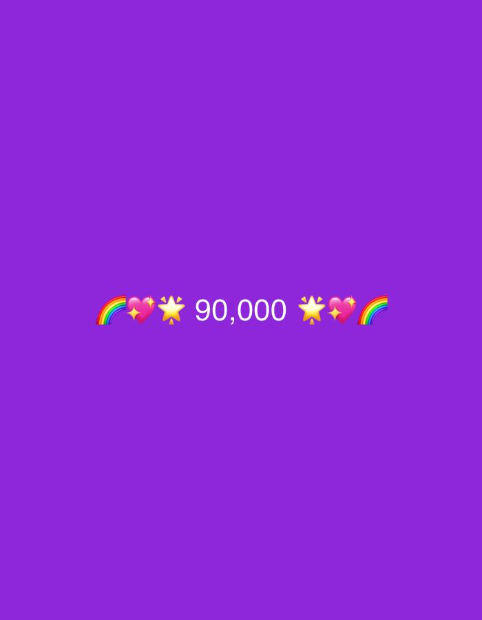 The image is a digital graphic on a plain purple background. Centered horizontally and near the bottom of the frame is the number "90,000" in white text. Flanking the number are several emojis: a rainbow emoji on the left, followed by two star emojis and two heart emojis. To the right of the number are two star emojis, two heart emojis, and a rainbow emoji. The image does not depict any recognizable landmarks, people, or activities, and therefore cannot be associated with any specific location in Tbilisi, Georgia or anywhere else.