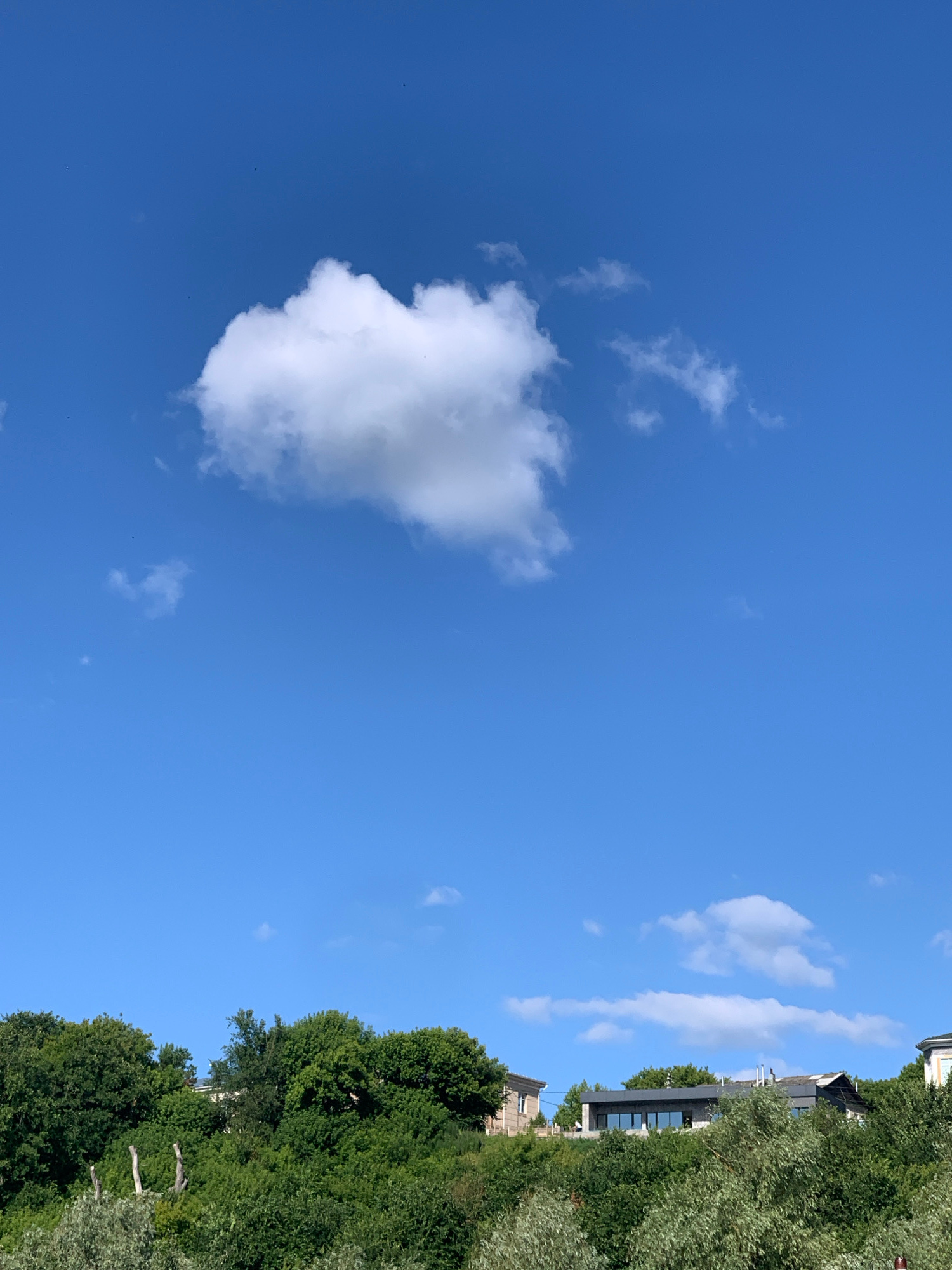 This media file captures a bright, clear blue sky with scattered white clouds. A large, fluffy cumulus cloud is prominent on the left side of the image. In the background, on the right, is a dense line of lush green trees and foliage, suggesting a natural or park-like setting. Partially visible through the trees are the tops of buildings, indicating a human settlement. The sunlight suggests it is daytime, likely late morning or afternoon, with fair weather. The overall mood is serene and tranquil, with no people or specific activities evident. The image provides a sense of an outdoor environment with a focus on the sky and nature, contrasted with hints of civilization in the distance. There is no visible text in the image. The orientation of the image is landscape.