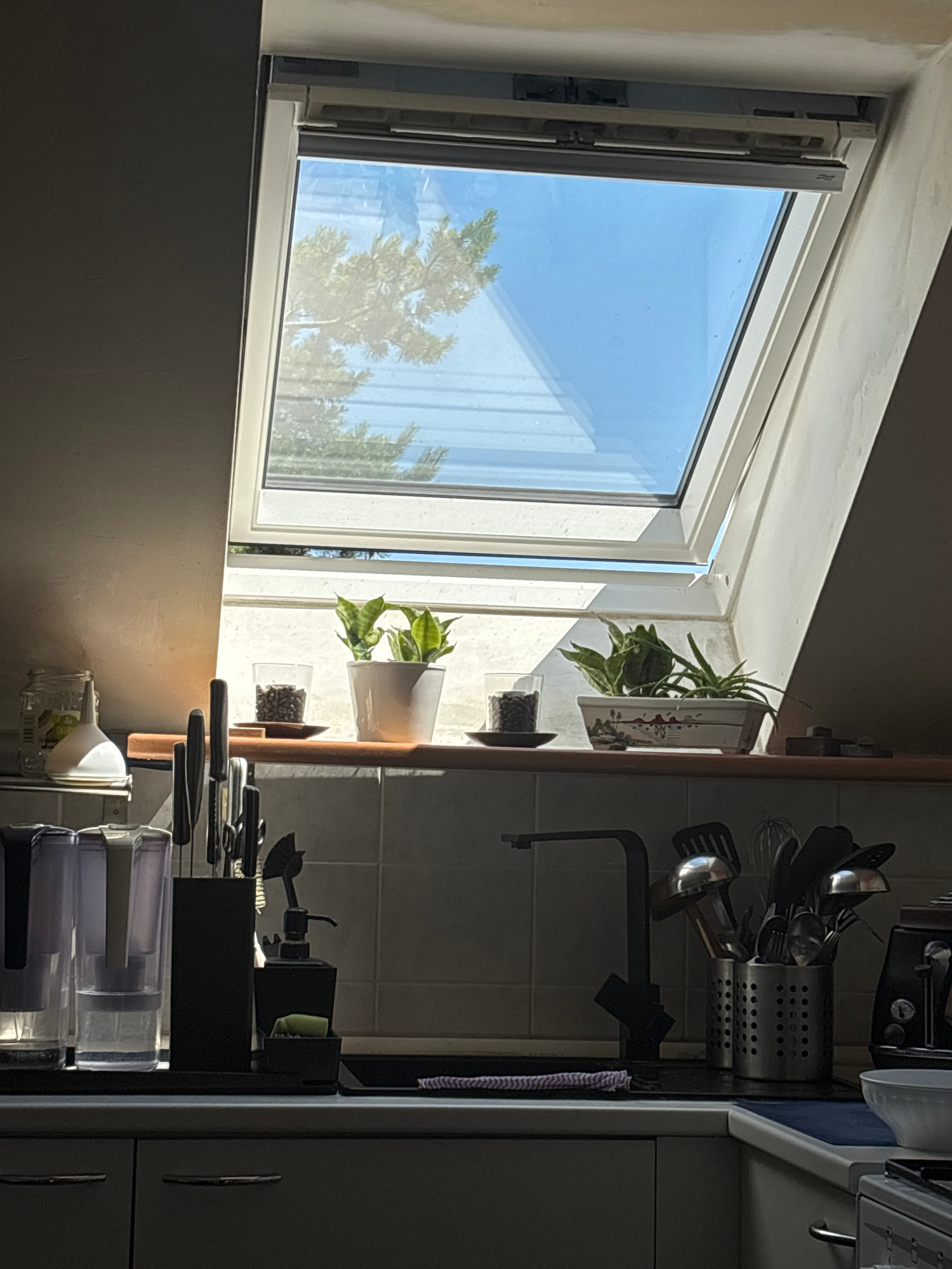 This is a medium shot of a kitchen counter with a skylight above. Sunlight streams through the skylight, illuminating the counter and a few objects. On the counter, from left to right, are a glass jar with a white funnel, a block of knives, a white ceramic pot with a snake plant, a glass containing coffee beans, and a ceramic pot with a small plant. The wall behind the counter is tiled with light gray squares. In the foreground, a black faucet extends over a black sink. To the right of the sink are two silver utensil holders filled with various kitchen tools, and a toaster. The overall lighting is dramatic due to the sunlight casting shadows.