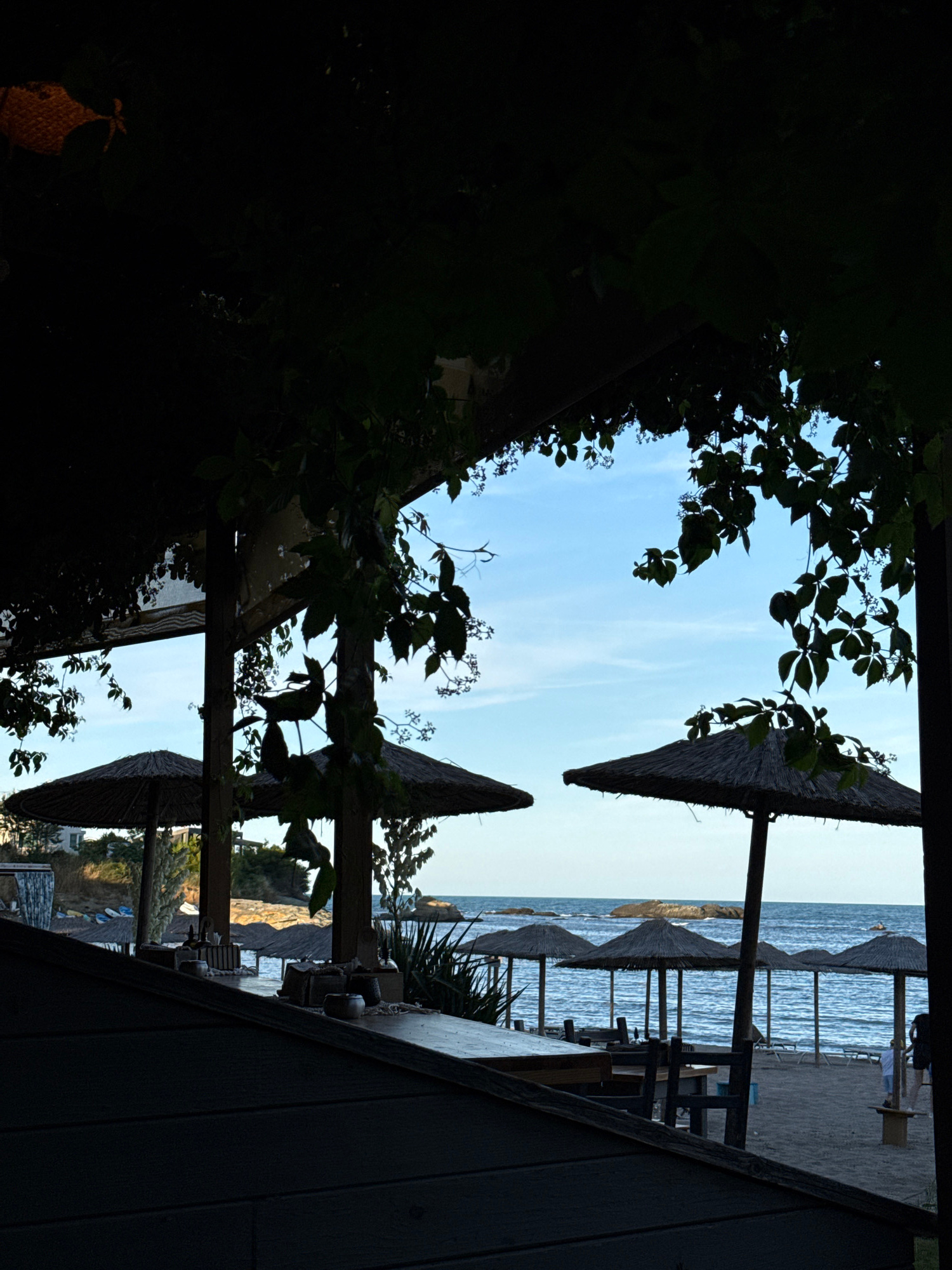 This image depicts a view from a covered outdoor seating area, possibly a cafe or restaurant, looking out towards a beach and the sea. The foreground is dominated by dark, shadowy structures, including a wooden bar or table in the lower portion and overhead coverings adorned with hanging vines and leaves. Beyond this, a beach scene unfolds under a clear blue sky.
Several thatched umbrellas stand on the sandy beach, providing shade. In the middle ground, the calm sea stretches towards the horizon, with small waves lapping the shore. A few rocks are visible in the water and along the coastline. In the background, buildings and vegetation can be seen on a hill overlooking the beach. A few people are present on the beach and near the water, some appearing to be sunbathers or beachgoers. The overall impression is one of a relaxed, seaside environment, likely during daylight hours. Given the context of Tsarevo, Bulgaria, this scene is likely situated along its coastline.