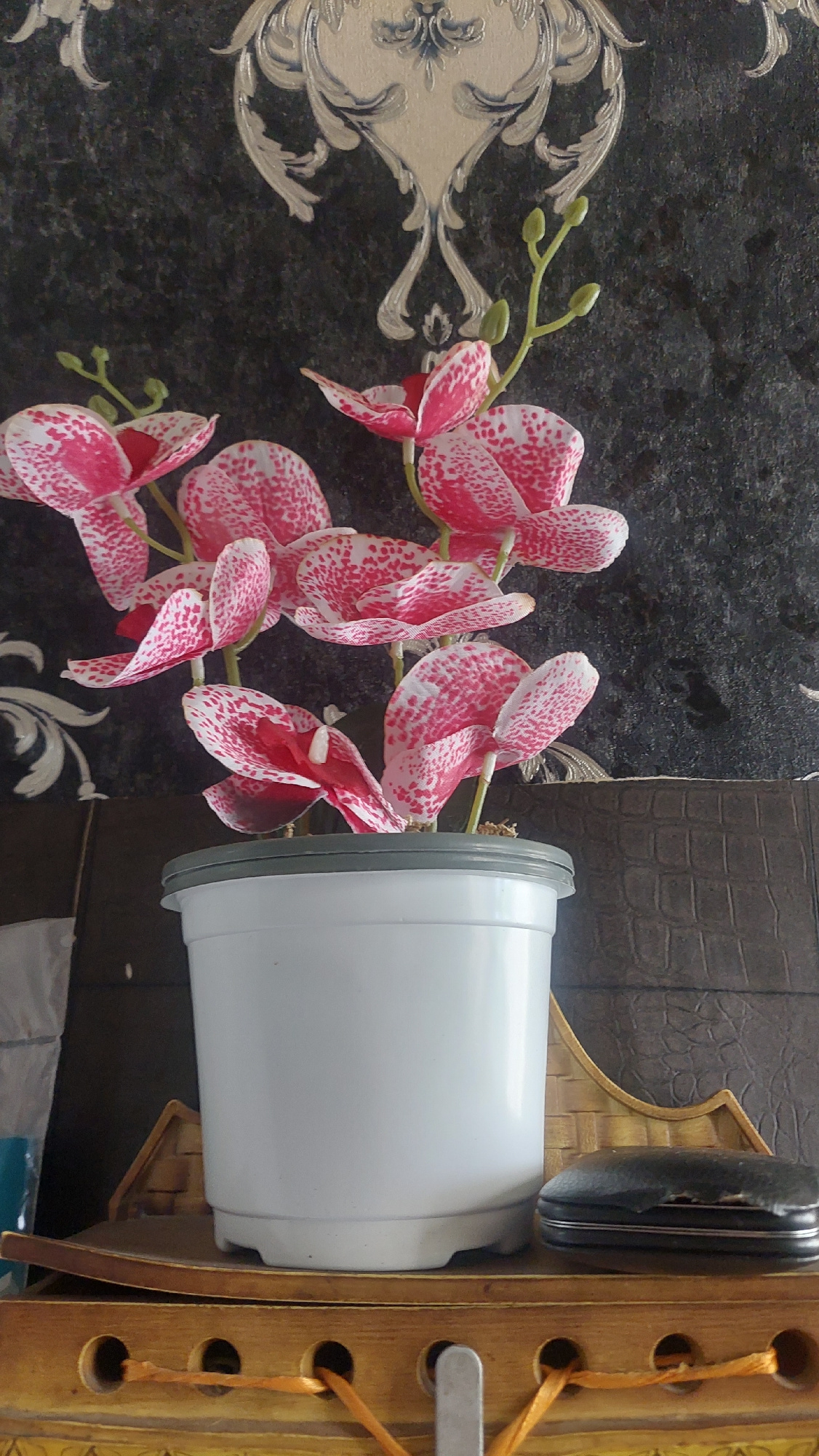 A close-up shot captures a white plastic pot containing artificial pink and white speckled orchids. The pot sits on a wooden shelf, which is part of a decorative shelf unit with carved details and holes strung with orange ribbon. To the right of the pot, a dark, rectangular object with a distressed edge rests on the shelf. Behind the pot, a textured dark gray wallpaper with an ornate, silver and blue damask pattern serves as the backdrop. The overall scene suggests an indoor setting, likely a home, within the city of Angren, Uzbekistan.