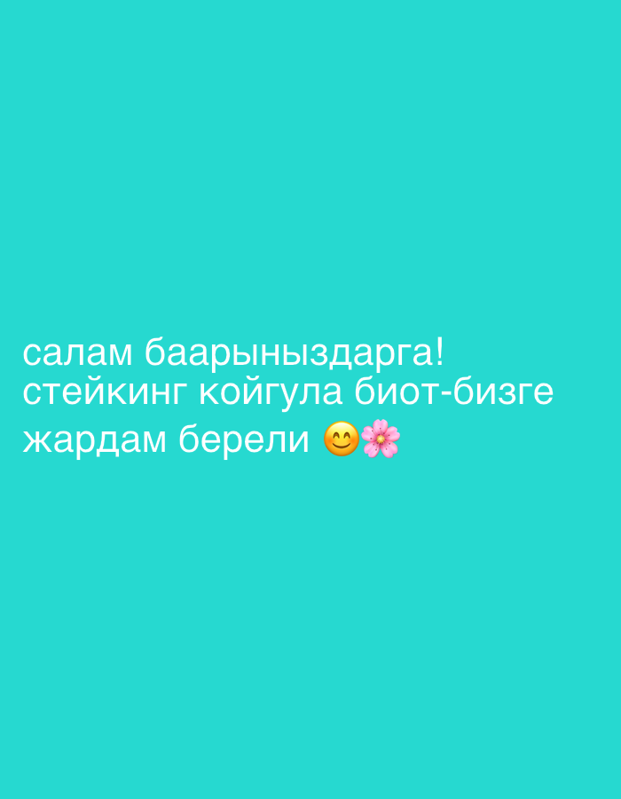 The image is a screenshot from a social media post with a solid bright teal background. White text is overlaid on the image in a sans-serif font, arranged in three lines. The first line reads "салам баарыныздарга!", the second line reads "стейкинг койгула биот-бизге", and the third line reads "жардам берели 😊🌸". The text appears to be in a language other than English. There are two emojis at the end of the third line: a smiling face with smiling eyes and a pink cherry blossom flower. The text and emojis are positioned towards the bottom left of the image.