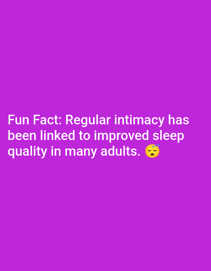 The image is a text-based graphic with a plain purple background. White text is displayed in the center of the image. The text reads: "Fun Fact: Regular intimacy has been linked to improved sleep quality in many adults." To the right of the text, there is a yellow emoji of a sleeping face with "Zzz" symbols above it. The image does not contain any elements that suggest a location in Lagos, Nigeria or any urban setting.