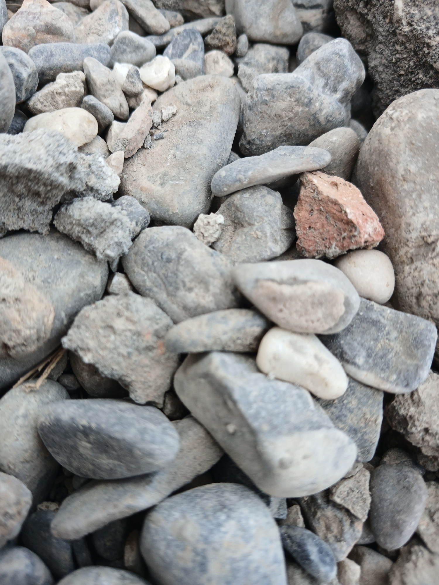 This media file is a close-up, overhead shot of a pile of various rocks and stones. The subjects are exclusively inanimate objects. The scene is a close-up view of rough, uneven terrain composed of a multitude of stones. These stones vary in size, shape, and color, ranging from light gray and white to darker grays and a few with reddish-brown hues, possibly indicating iron content or being broken pieces of brick. Some stones are smooth and rounded, suggesting they may have been shaped by water, while others are jagged and angular. The lighting appears to be natural daylight, possibly overcast given the diffused light and lack of strong shadows. The textures of the stones are varied, with some appearing rough and porous, and others smoother. There are no visible people or any indication of human activity other than the possibility that the broken reddish-brown pieces could be debris. The location context provided is Кош-Дөбө, Kyrgyzstan, which implies a natural or possibly unpaved outdoor setting. No text is visible in the image.