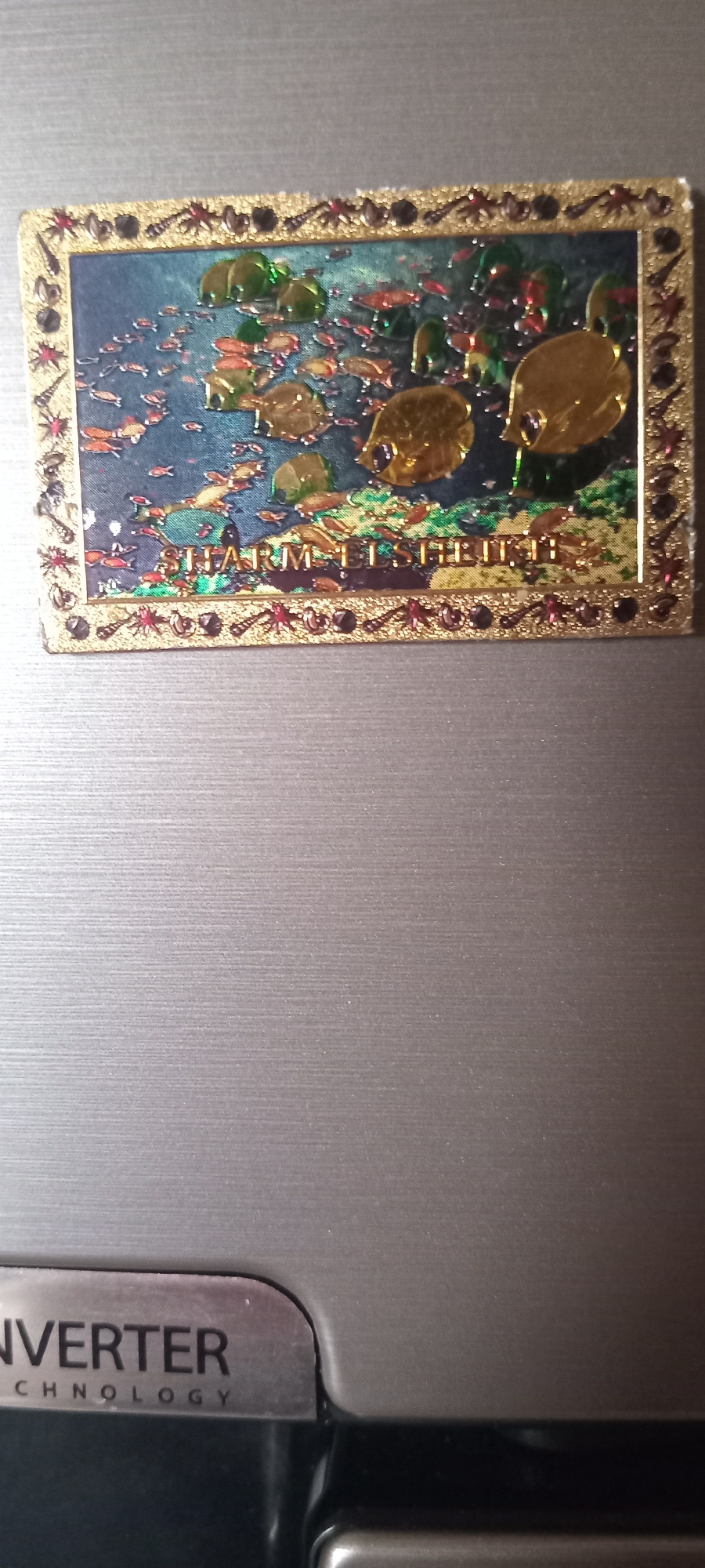 A rectangular magnet is attached to a metallic surface, likely a refrigerator door. The magnet features an ornate gold border, adorned with small, red, star-shaped embellishments and darker beads. The central image of the magnet depicts a colorful scene, possibly a painting or a print, with stylized representations of lily pads and flowers. The lily pads are depicted as large, golden shapes, while the flowers and foliage are rendered in shades of green and red, against a dark blue background. Some areas of the image appear to have a glossy or metallic finish. Along the right edge of the magnet's imagery, vertically oriented text is visible. The text appears to read, "CHARM ELIZABETH." To the right of the magnet, a black plastic edge is visible, with a silver label attached to the metallic surface. The label has the word "INVERTER" printed vertically in large, dark letters, followed by smaller text below it that reads "TECHNOLOGY." The metallic surface itself has a brushed texture with faint vertical lines. The lighting suggests the image was taken indoors, possibly with artificial light.