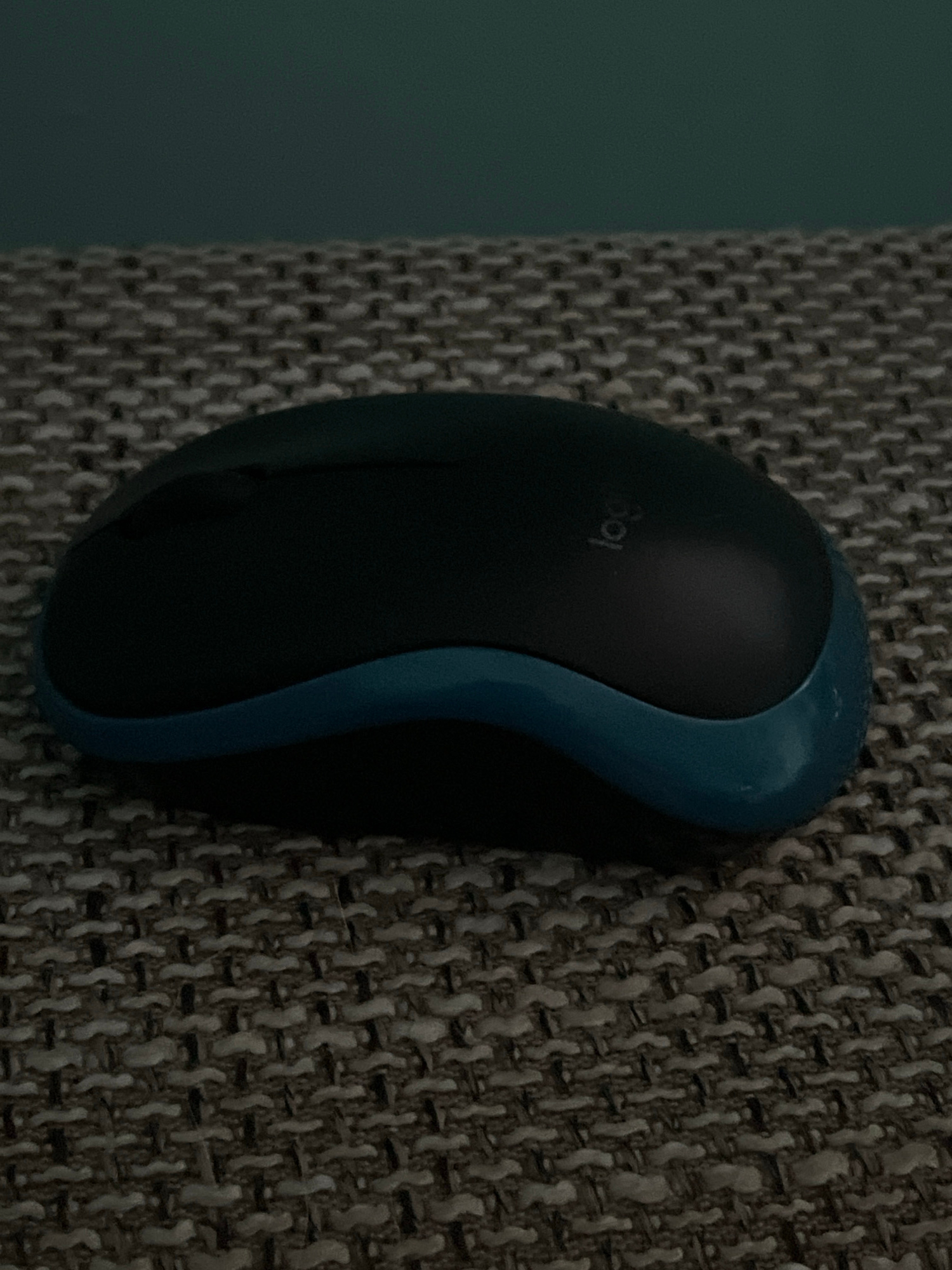 A black Logitech computer mouse with a teal blue trim is positioned on a textured, woven surface. The surface appears to be a greyish-brown fabric with a repeating pattern. The background is a solid, dark teal color. The lighting suggests the image was taken indoors. There are no people or any indication of the city of Lviv, Ukraine.